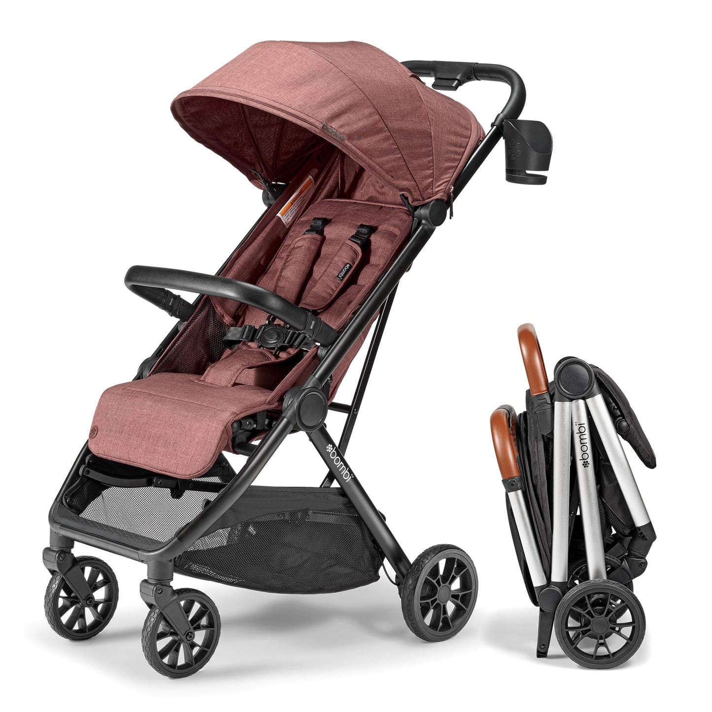 Bombi Bēbee V2 lightweight baby stroller with vegan leather, one-hand fold, infinite recline, aircraft-grade aluminum frame, and XXL canopy