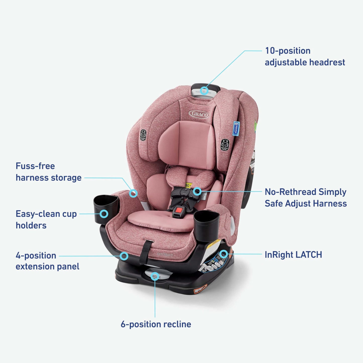 Graco Extend2Fit convertible baby car seat in Gotham color with adjustable extension panel for extra legroom, rear and forward facing.