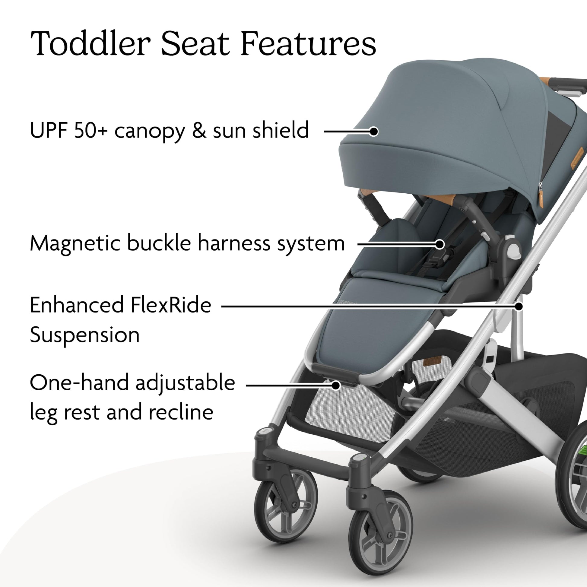 UPPAbaby Cruz V3 stroller in Greyson with reversible seat, infant insert, bug and rain shields, charcoal mélange, carbon frame, saddle leather