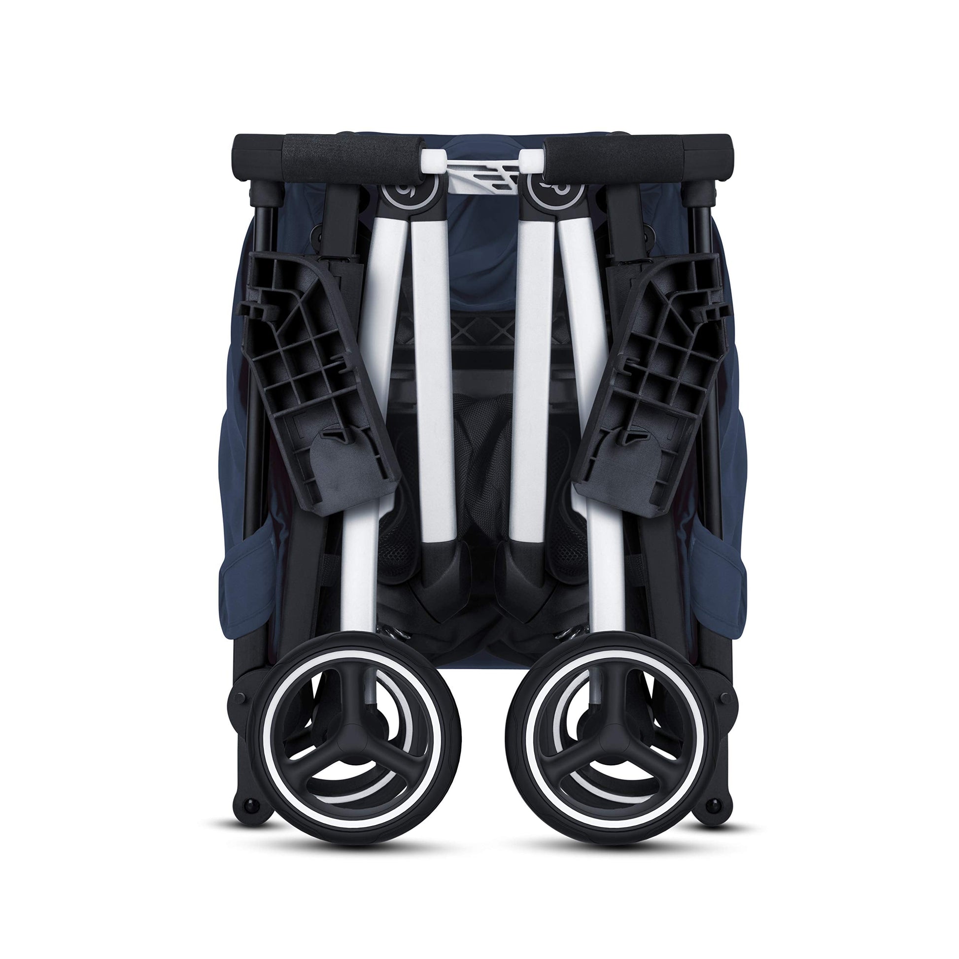 My Store gb Pockit+ All-Terrain lightweight travel stroller with canopy and reclining seat in velvet black, shown folded and open