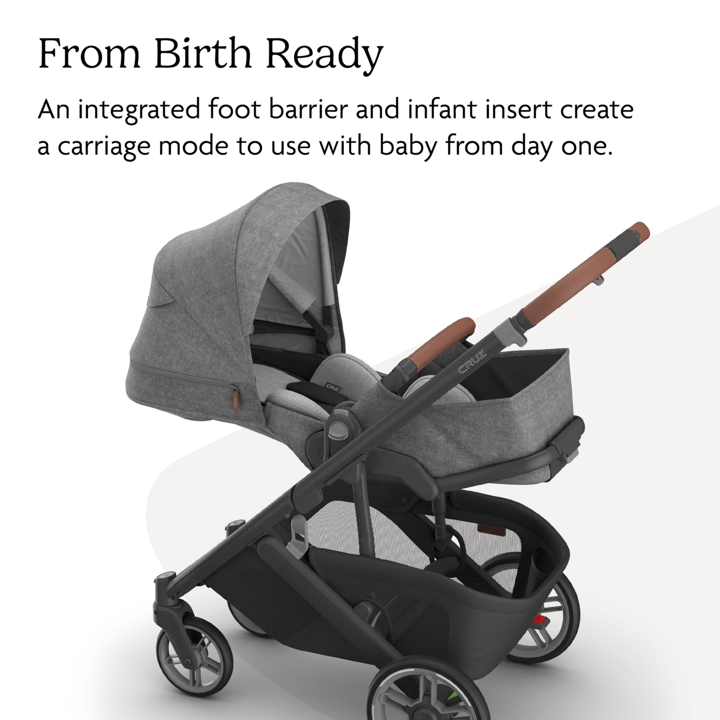 UPPAbaby Cruz V3 stroller in Greyson with charcoal frame and leather seat, includes infant insert, bug, and rain shields.