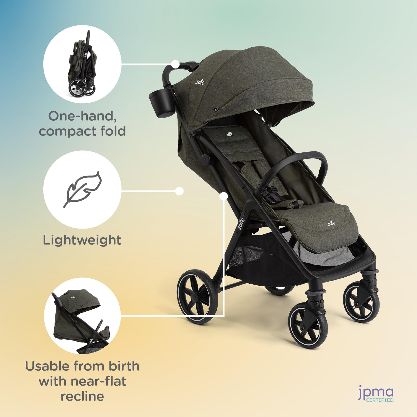 Joie Nutmeg compact stroller in shale color, lightweight with one-hand fold, suitable for easy travel and everyday use.