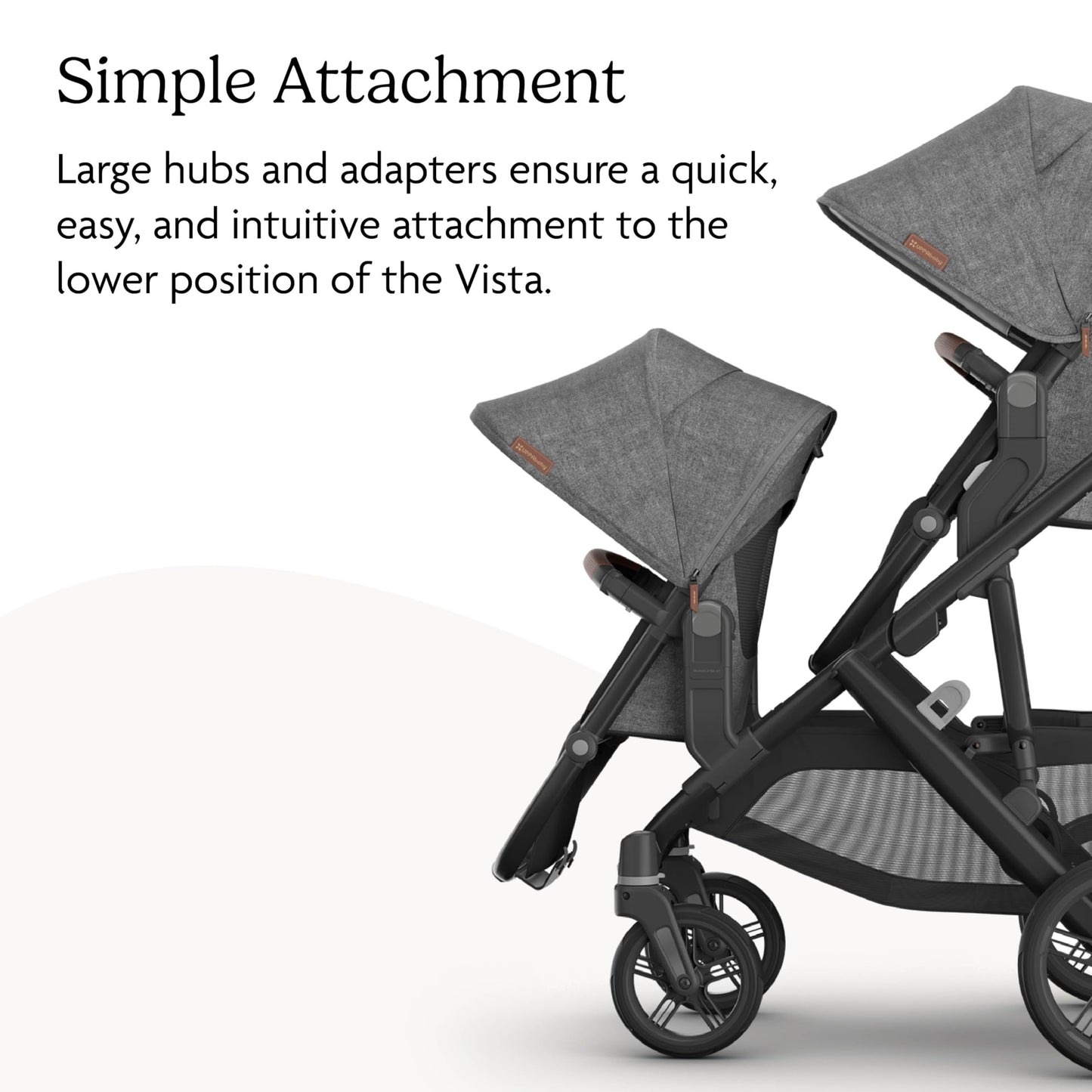 UPPAbaby RumbleSeat V3 second lower seat for Vista V2/V3 in Declan Oat Mélange with silver frame and chestnut leather, all-weather design.
