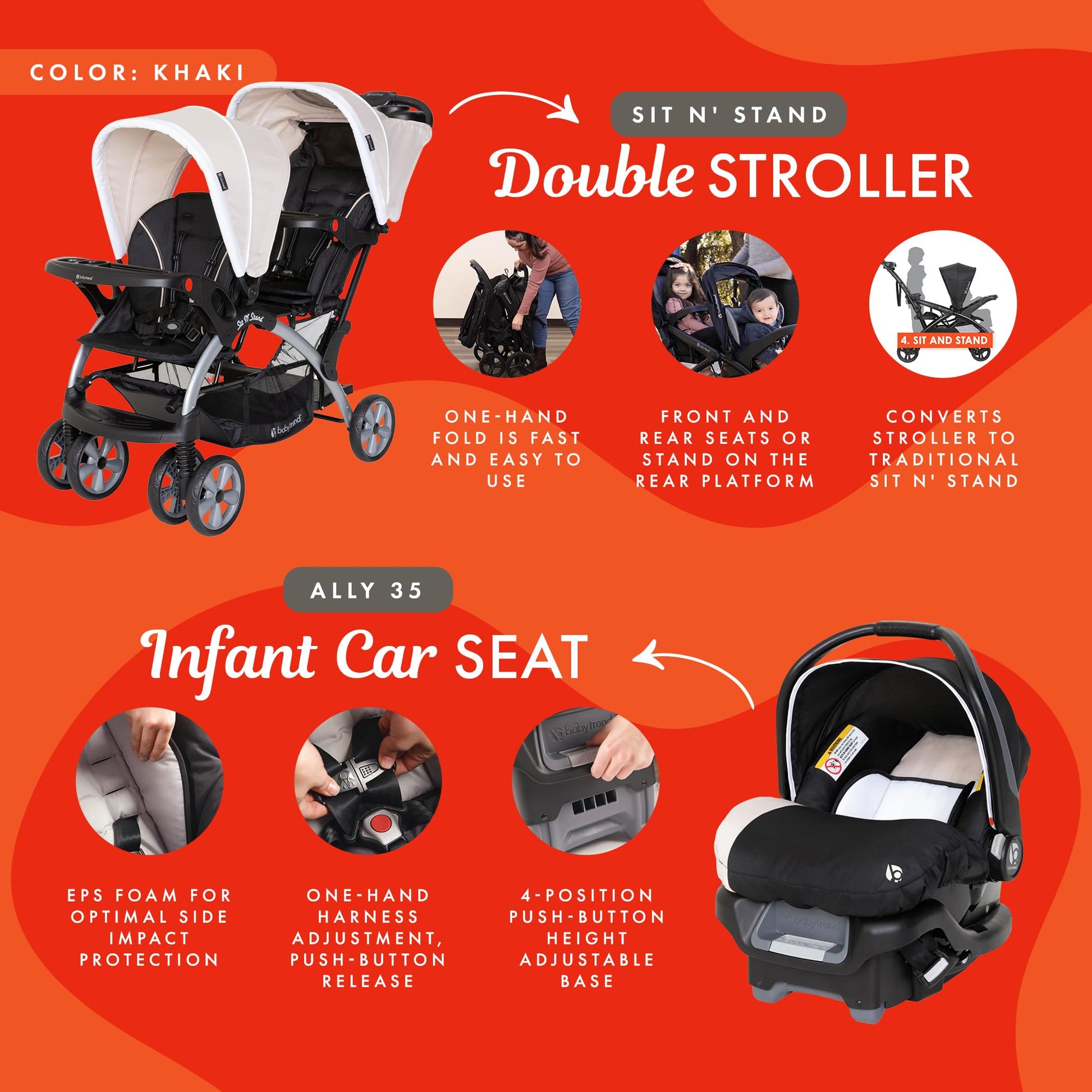 Baby Trend infant and toddler double stroller with car seat, lightweight Stormy color, tandem travel system for babies and toddlers.
