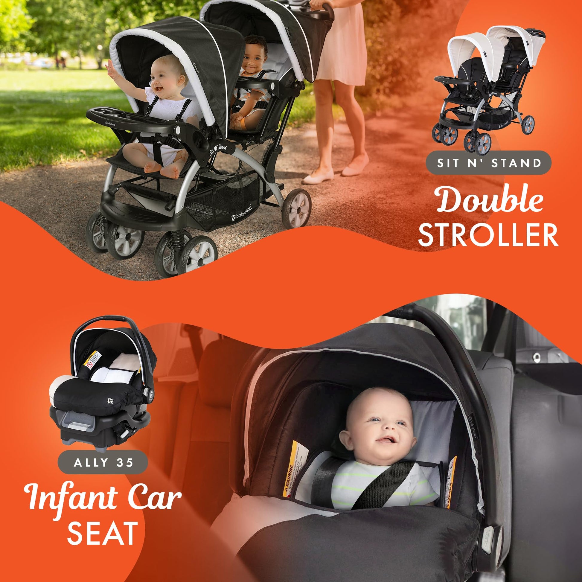 Baby Trend infant and toddler double stroller with car seat, lightweight and portable stormy-colored travel system tandem setup