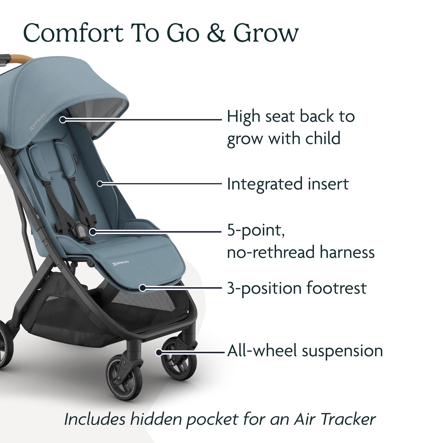 UPPAbaby Minu V3 travel stroller in greyson, charcoal mélange with carbon frame and saddle leather, featuring a compact, lightweight design.