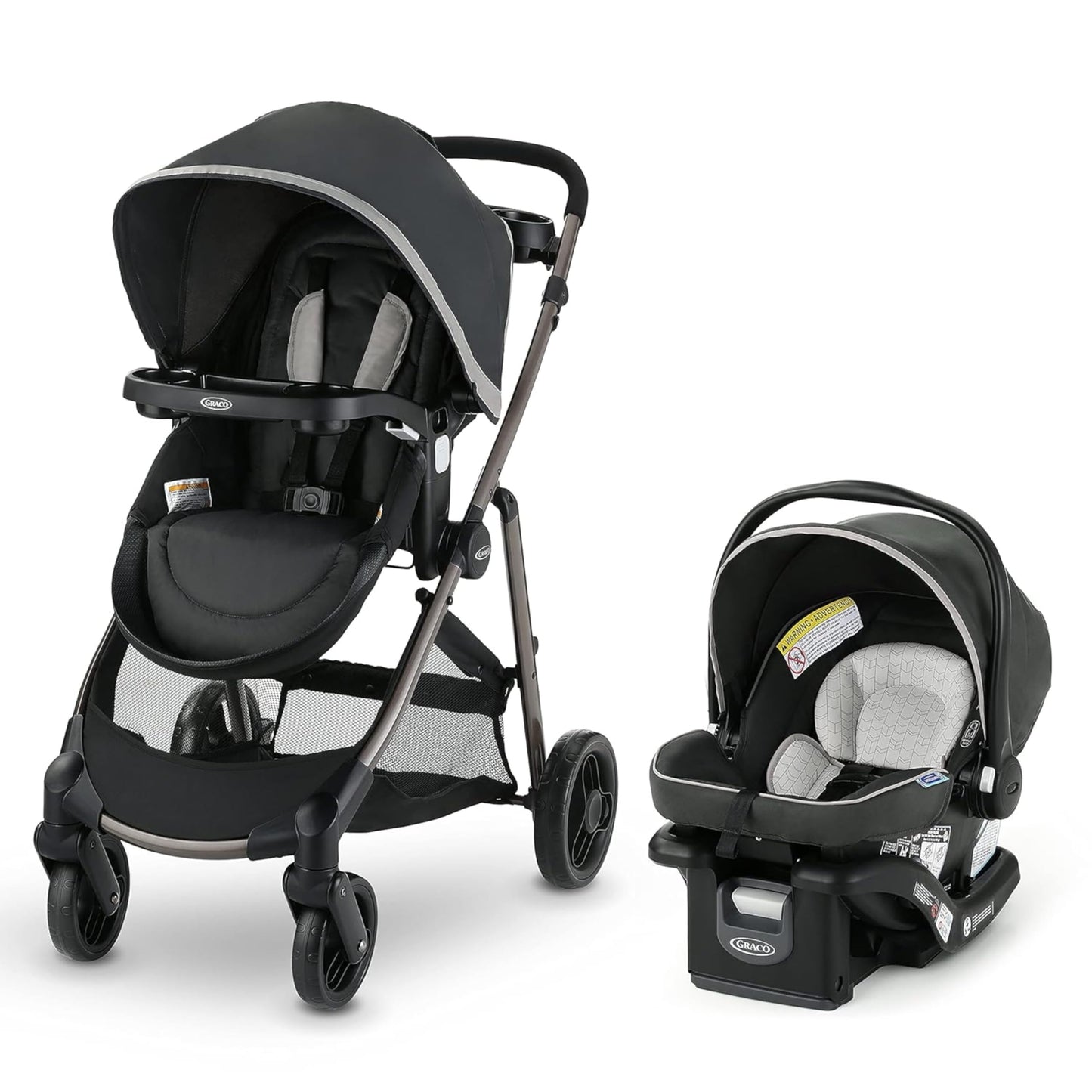 Graco Modes Element Canter travel system with stroller and infant car seat, featuring adjustable canopy and storage basket.