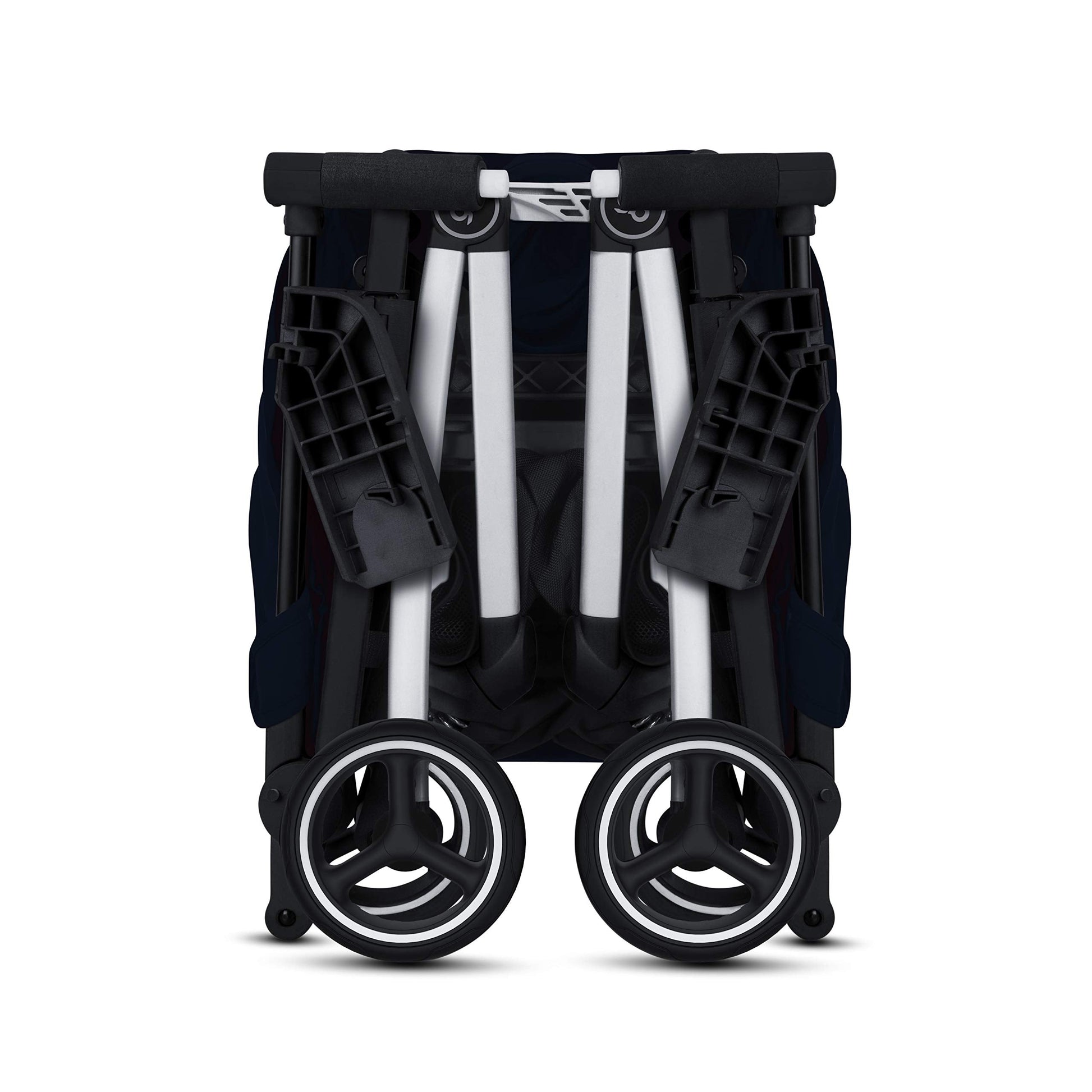 My Store gb Pockit+ All-Terrain lightweight travel stroller with canopy and reclining seat in Velvet Black, shown folded and open
