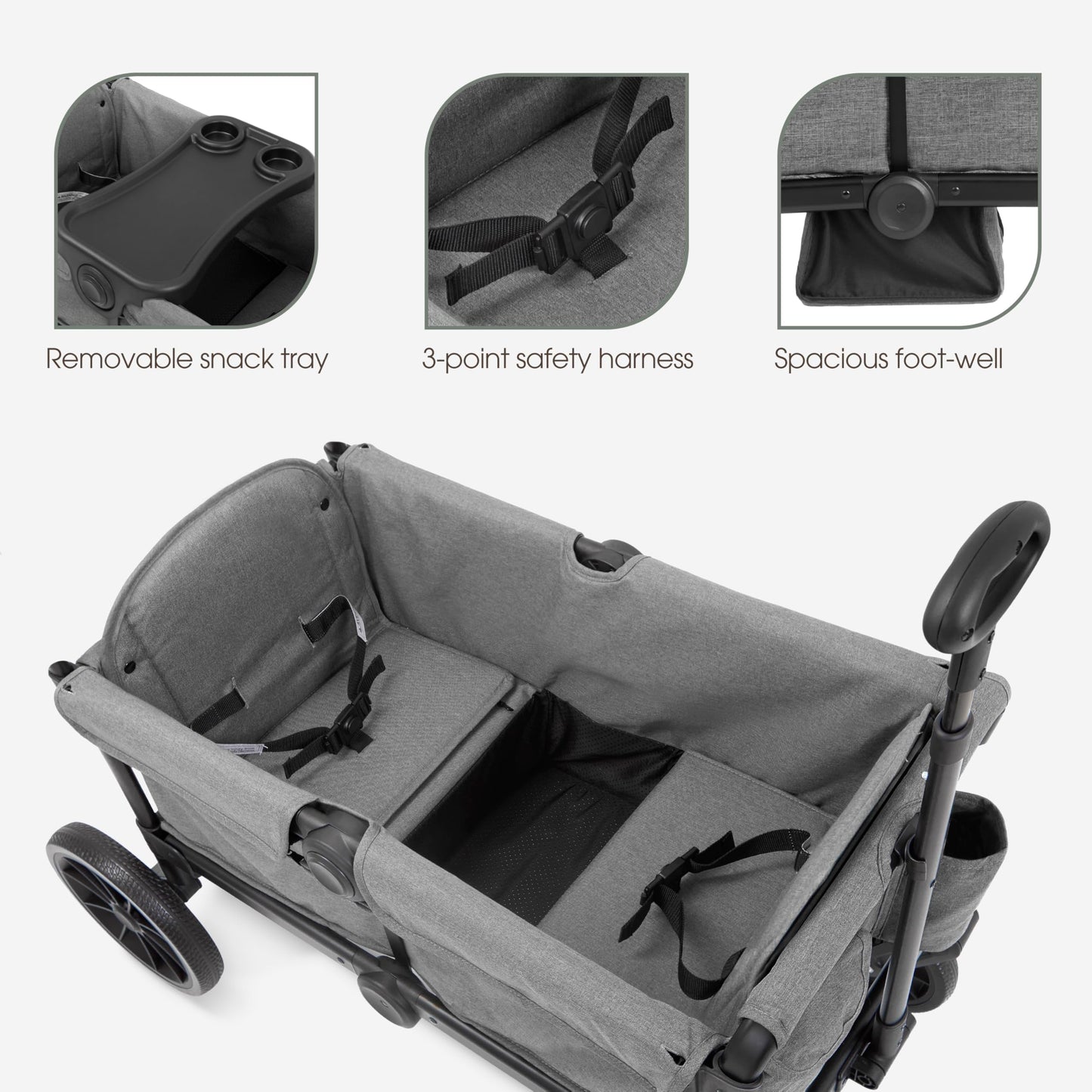 Evolur Trailblazer double wagon stroller in black with all-terrain wheels, 5-point harness, removable canopy, and spacious storage.