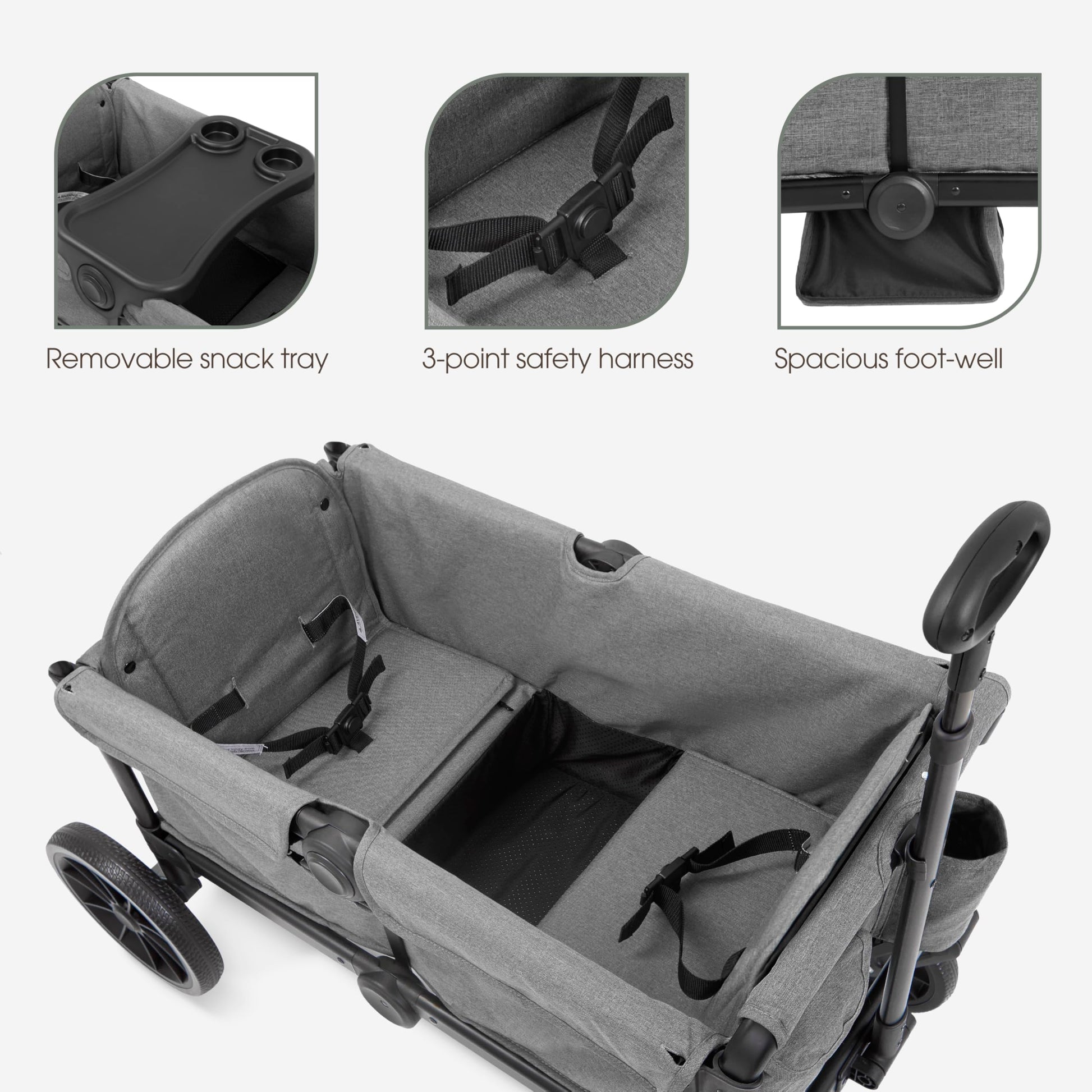 Evolur Trailblazer double wagon stroller in black with all-terrain wheels, 5-point harness, removable canopy, and spacious storage.