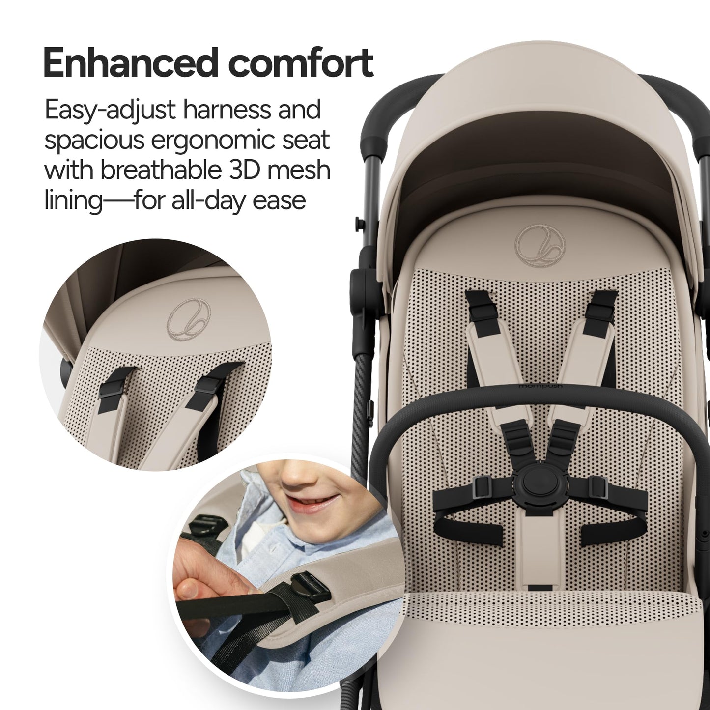 Mompush Nexis Carbon travel stroller by My Store, lightweight 11.5 lbs, compact, auto-fold, full recline, suitable from birth to 50 lbs.