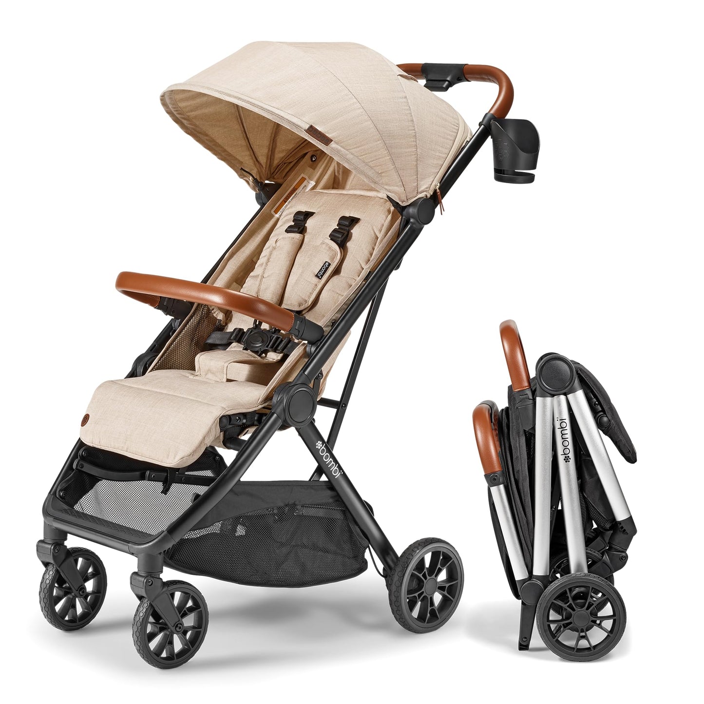 Lightweight Bombi Bēbee V2 baby stroller with vegan leather, one-hand fold, infinite recline, aircraft-grade aluminum frame, and XXL canopy