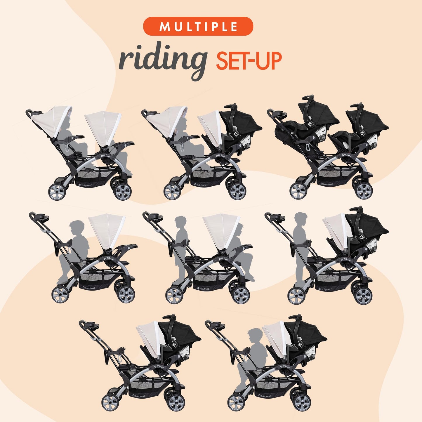 My Store Baby Trend infant and toddler double stroller and car seat combo in Stormy, lightweight tandem travel system with car seat.