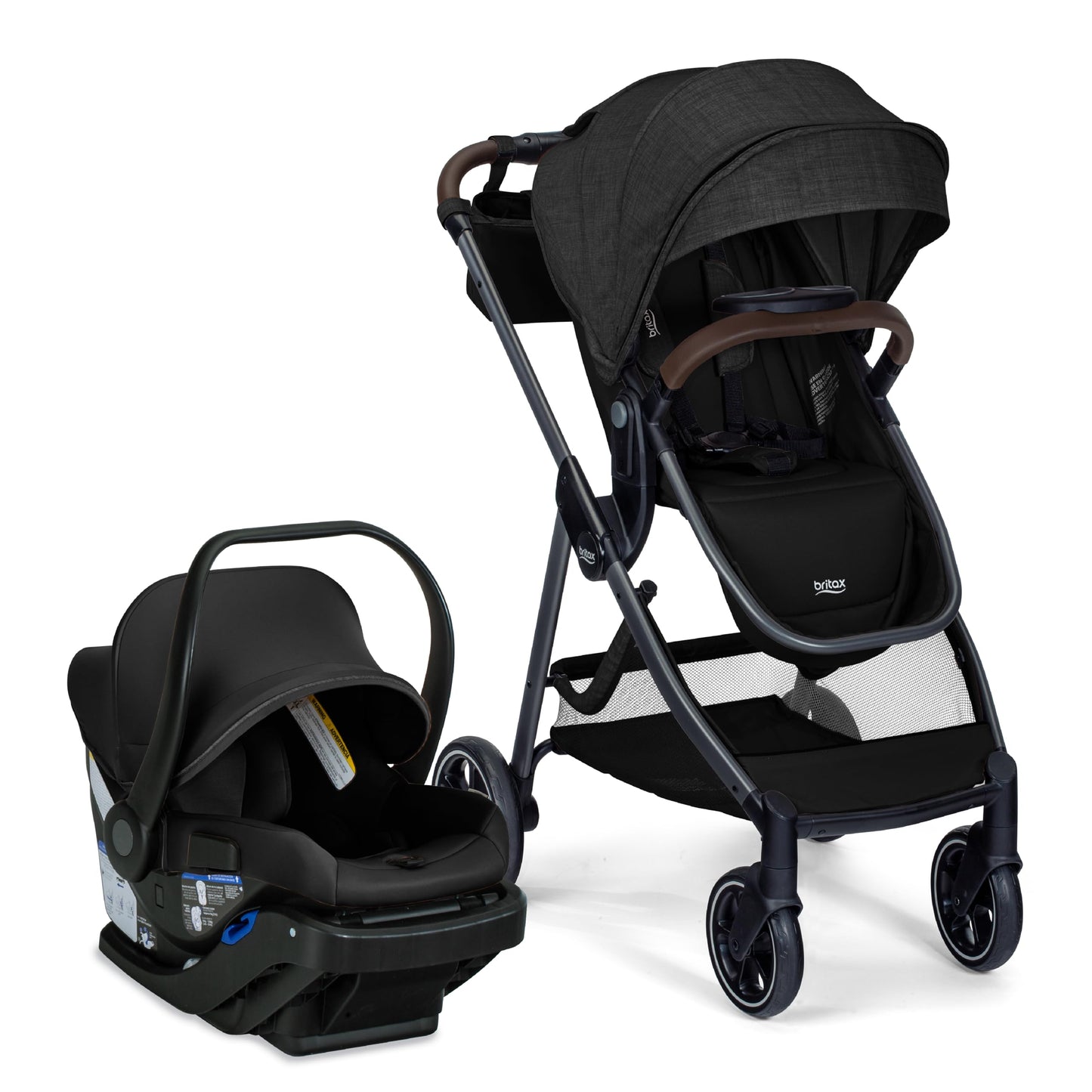 Britax Phases travel system with Arbor infant car seat, stroller, stayTight base, parent organizer, and pramette mode in Raven Black.