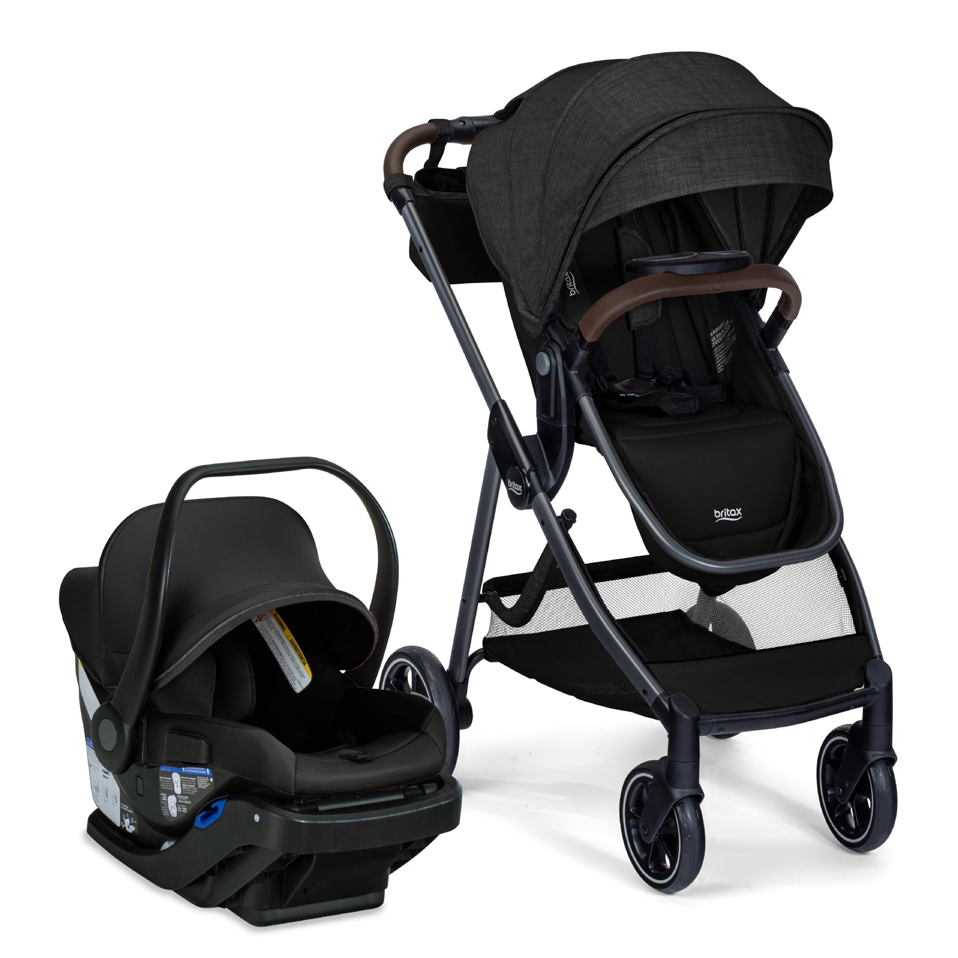 Britax Phases travel system with Arbor infant car seat, stroller, stayTight base, parent organizer, and pramette mode in Raven Black.