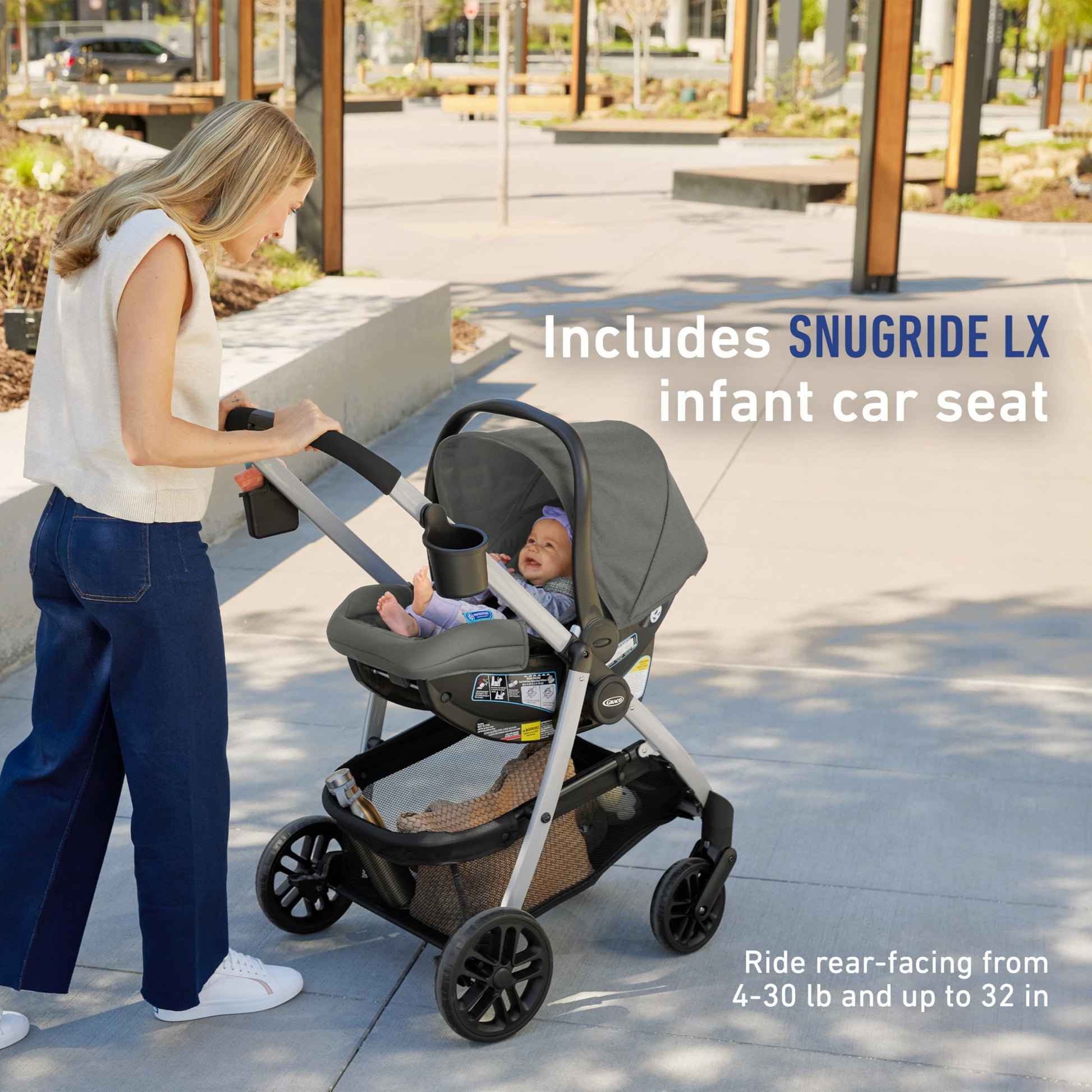 Graco Modes Pramette travel system with SnugRide 35 infant car seat and toddler stroller in Ellington color, showing stroller and car seat.