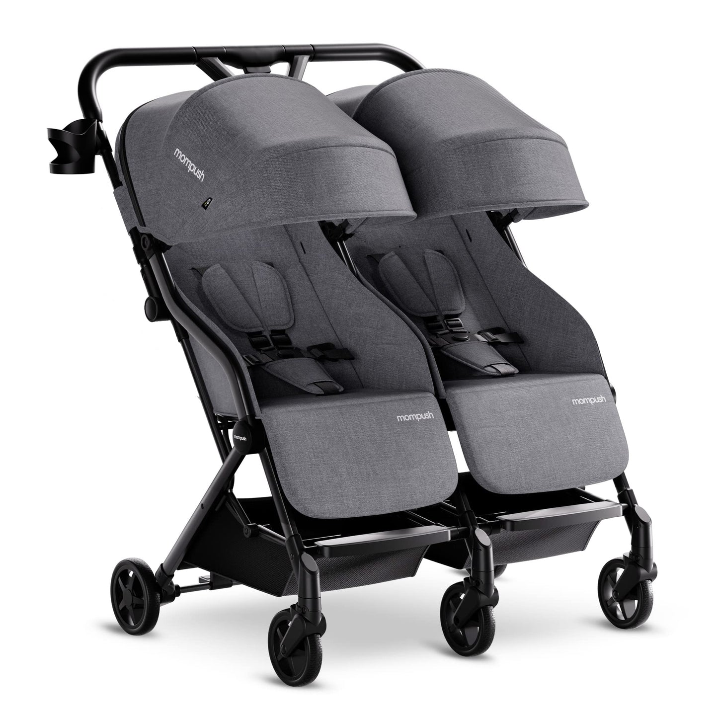 Mompush Lithe double stroller with lightweight design, spacious seats, recline, easy fold, and UPF50+ canopy for newborns and toddlers.