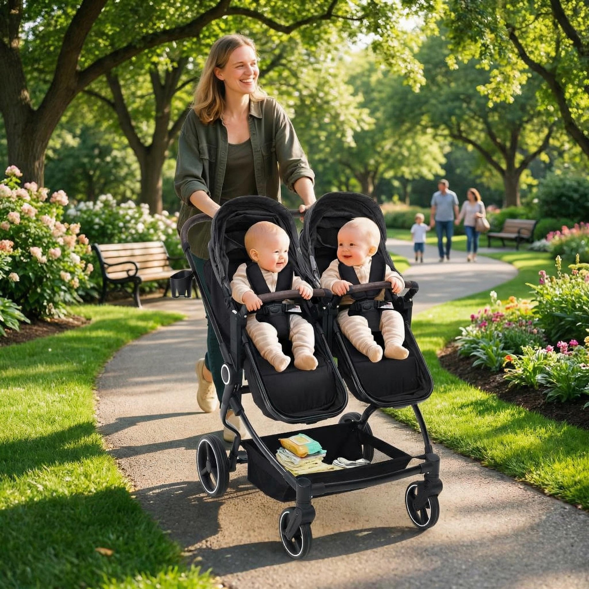 Lightweight double stroller for twins by My Store, side-by-side infant and toddler stroller with adjustable canopy and reclining seats.