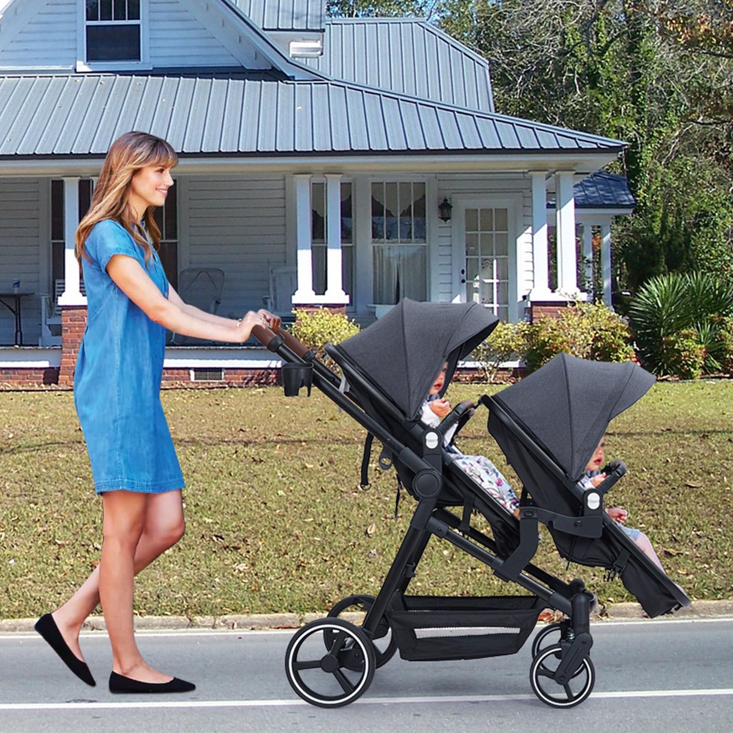 Double tandem stroller for newborn and toddler by My Store, foldable twin pushchair with reversible seats, safety harness, and adjustable canopy.