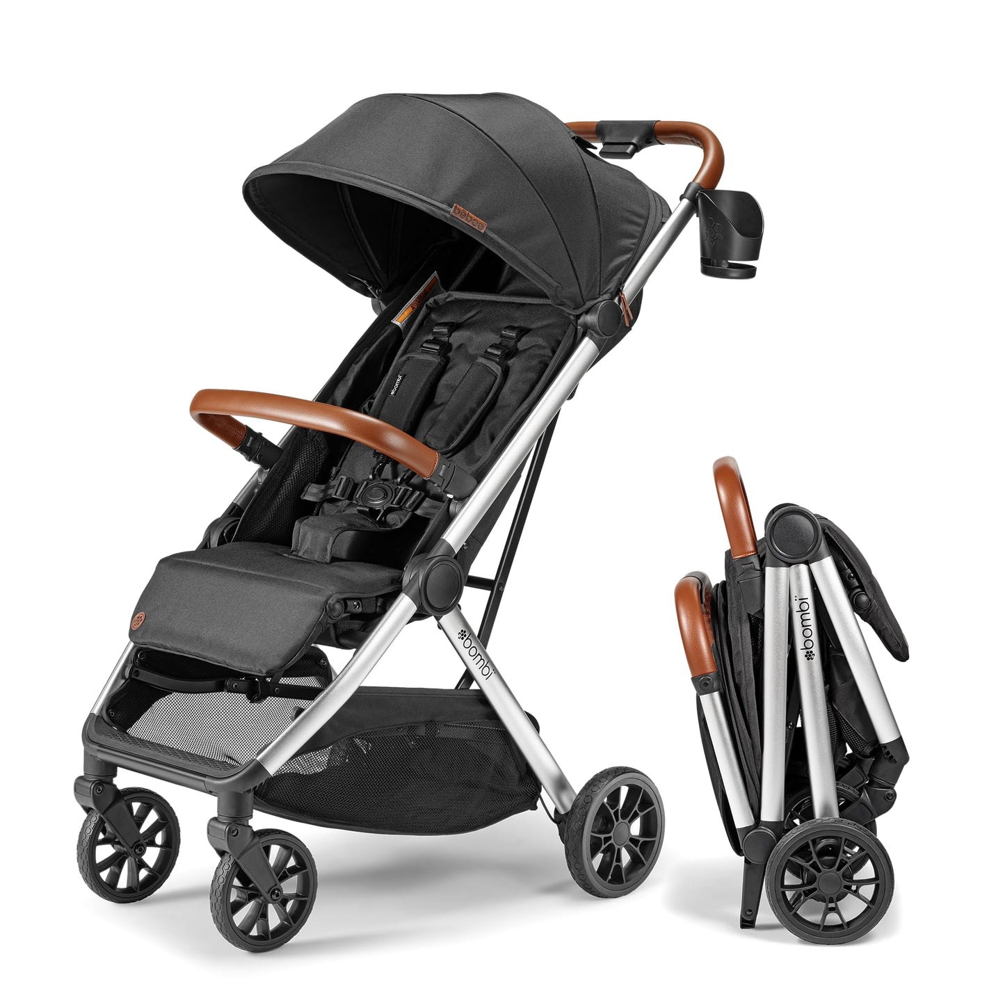Bombi Bēbee V2 lightweight baby stroller with vegan leather, XXL canopy, aluminum frame, and one-hand fold in Hickory color.