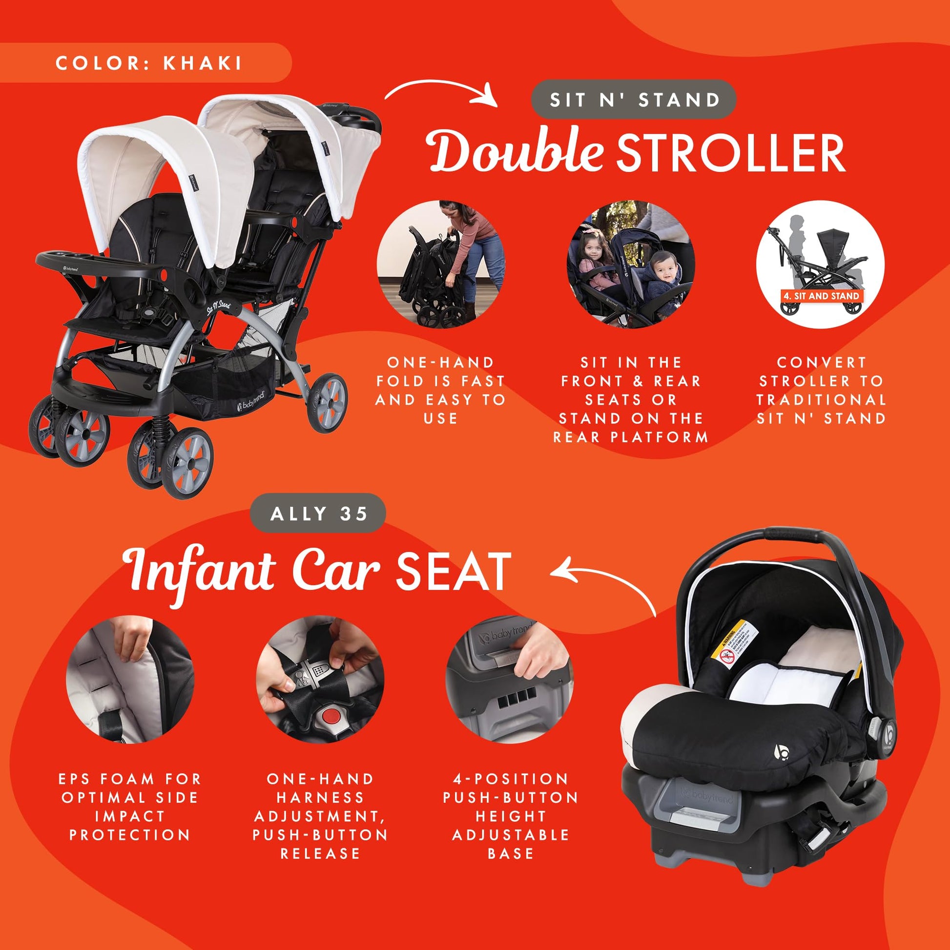 Baby Trend infant and toddler double stroller with car seat, lightweight and portable, in Stormy color, tandem travel system.