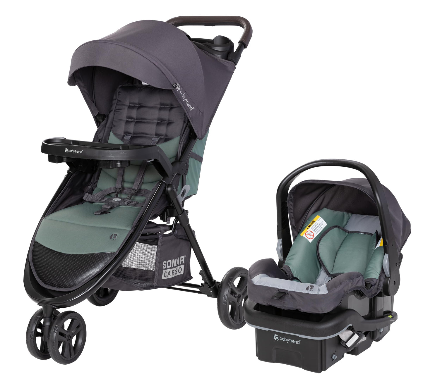 Baby Trend Passport cargo stroller with pink bamboo design and EZ-Lift Plus infant car seat, featuring a comfortable travel system.