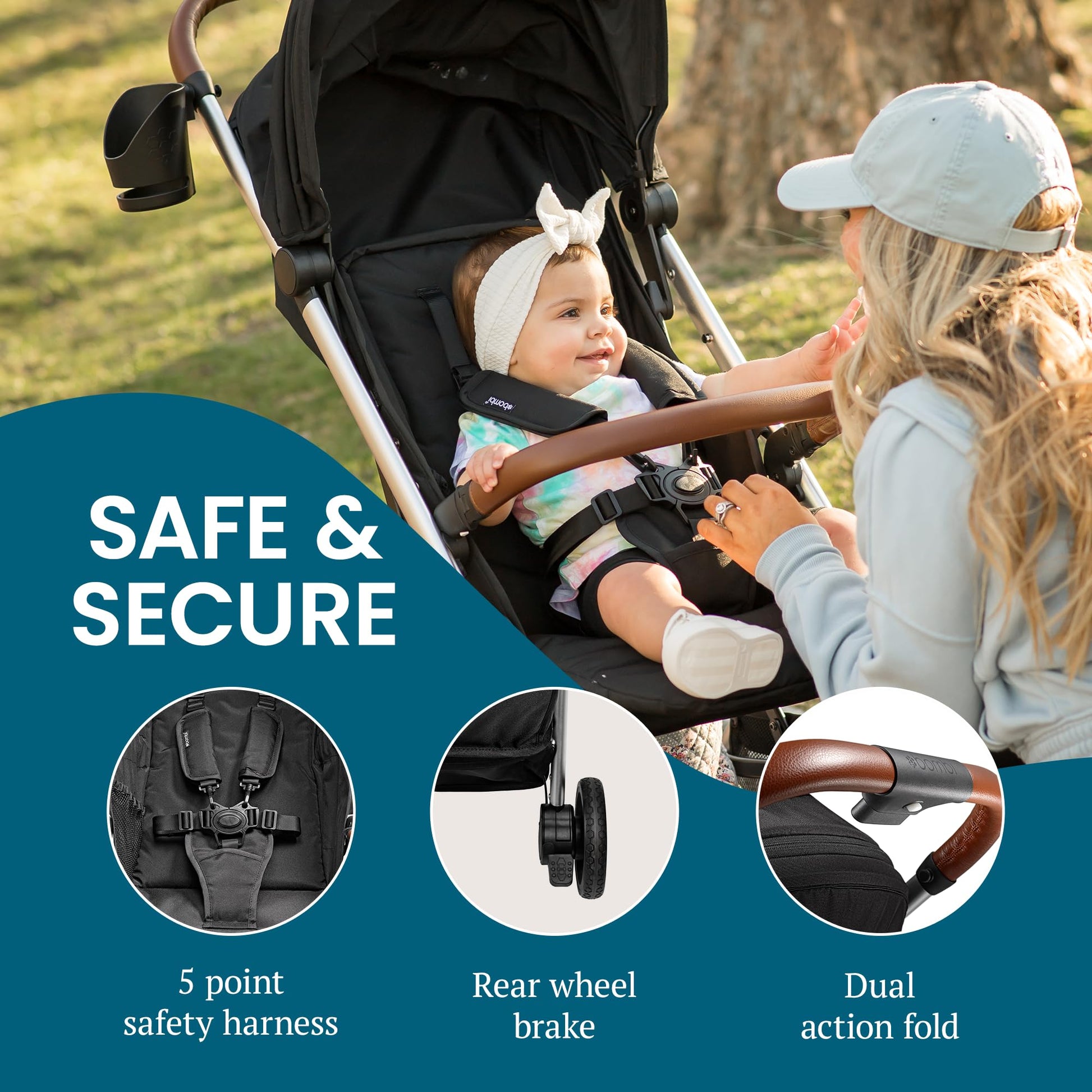 Bombi Bēbee V2 lightweight baby stroller with vegan leather, one-hand fold, infinite recline, aluminum frame, XXL canopy, and storage