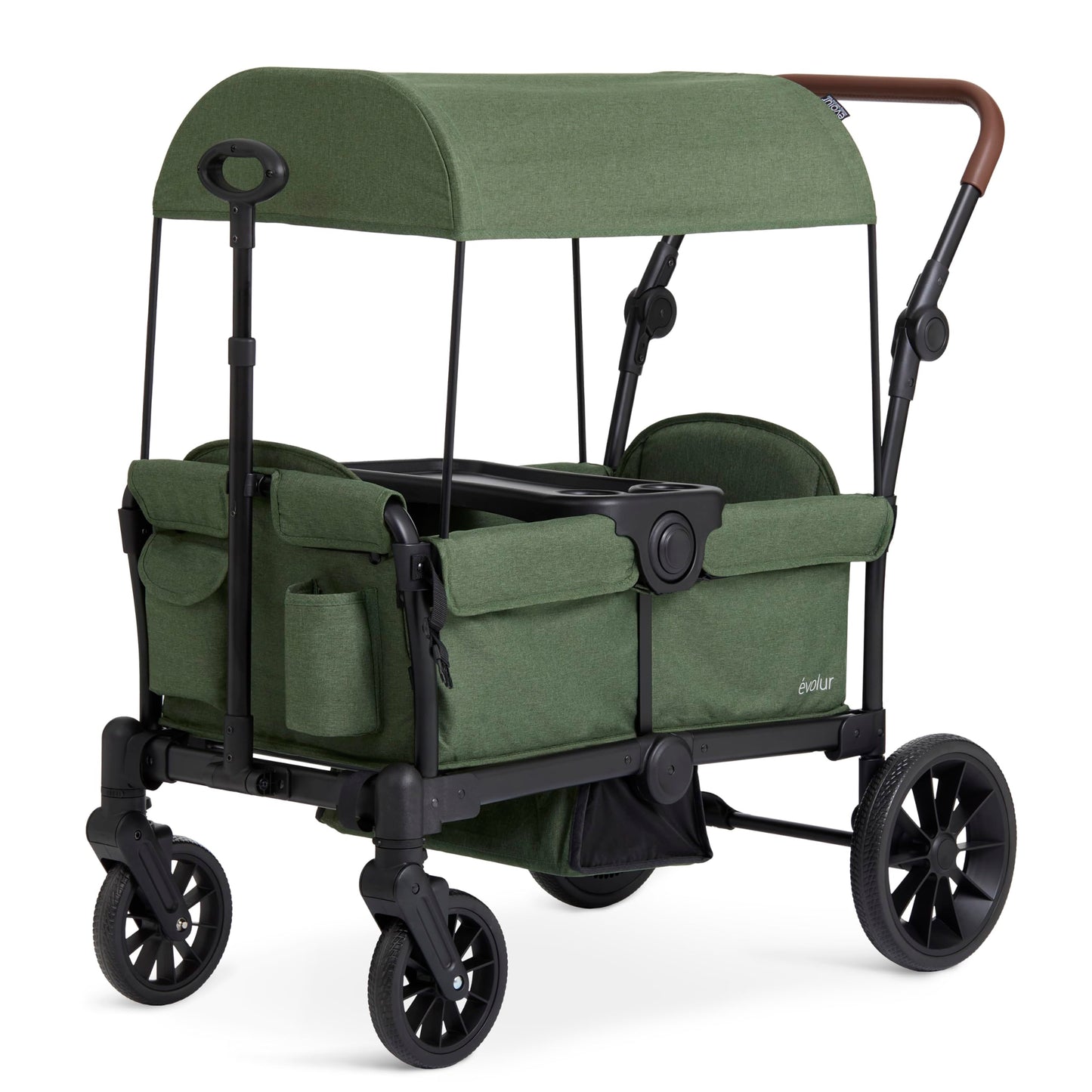 Evolur Trailblazer double stroller wagon in black with all-terrain wheels, foldable canopy, 5-point harness, and spacious storage for two kids.