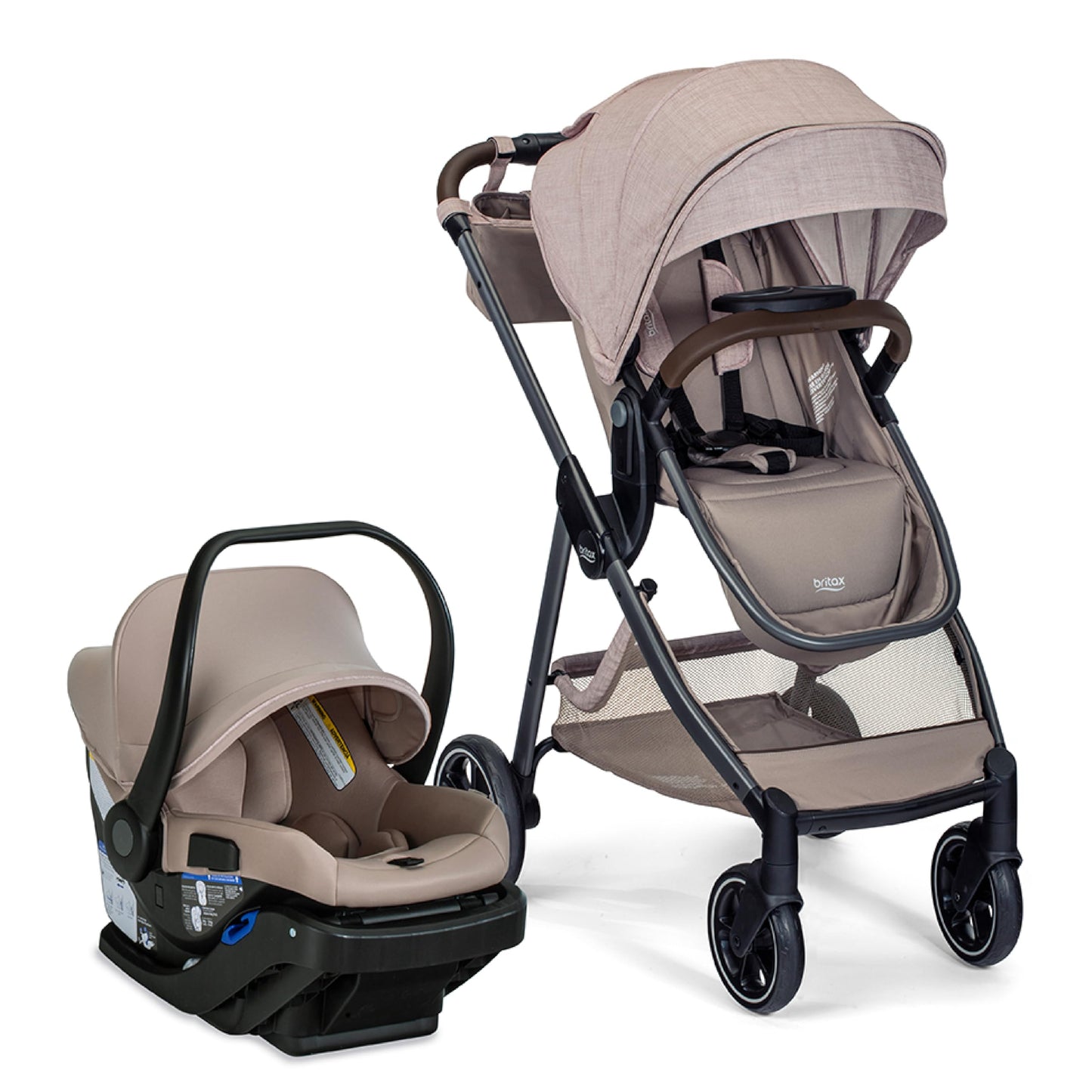 Britax Phases travel system with Arbor infant car seat, stroller in Raven Black, showing stroller with parent organizer and car seat.