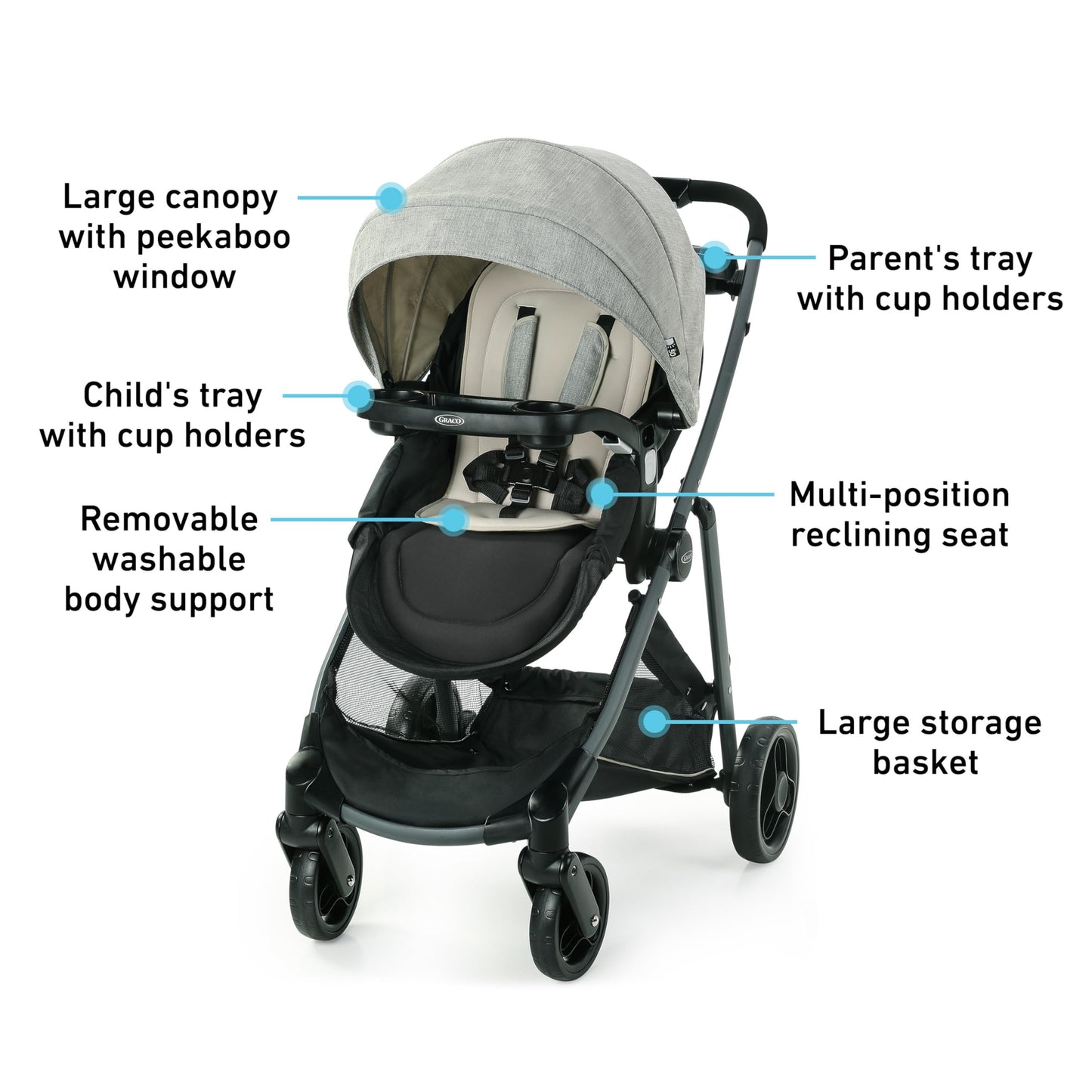 Gray Graco Modes Element travel system with stroller and car seat, featuring adjustable canopy and storage basket.