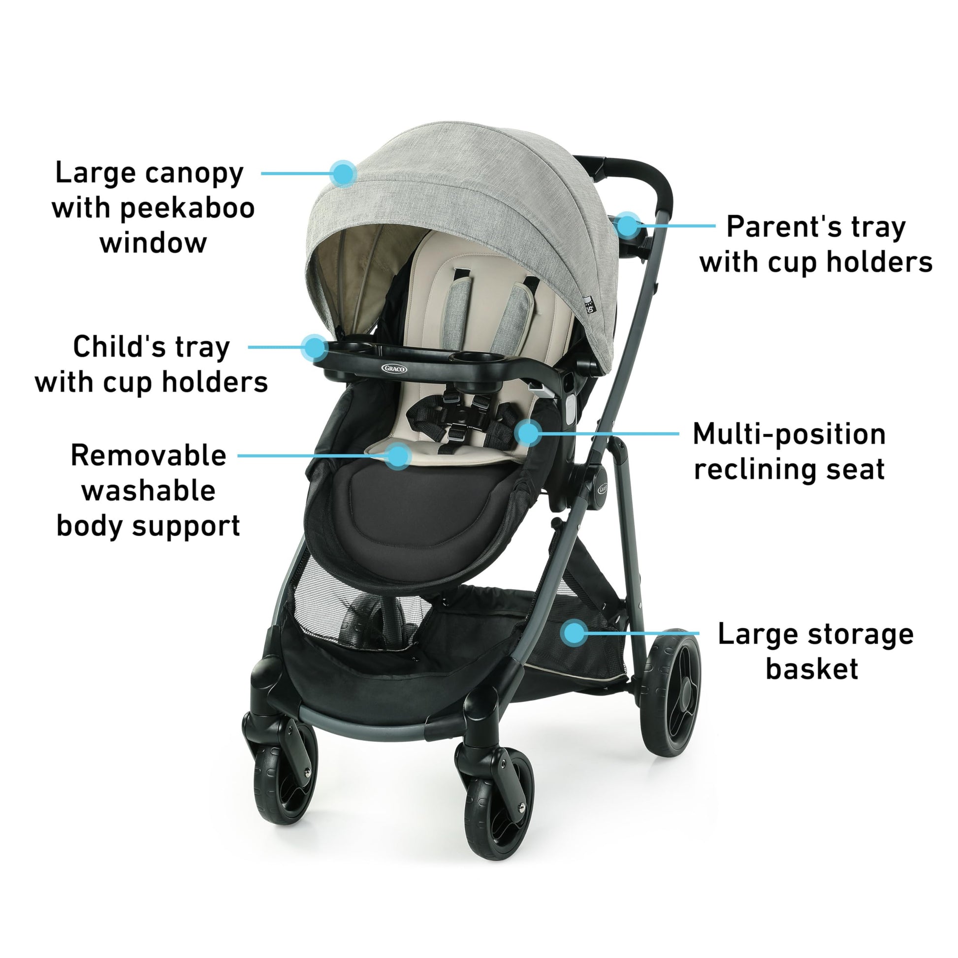 Gray Graco Modes Element travel system with stroller and car seat, featuring adjustable canopy and storage basket.