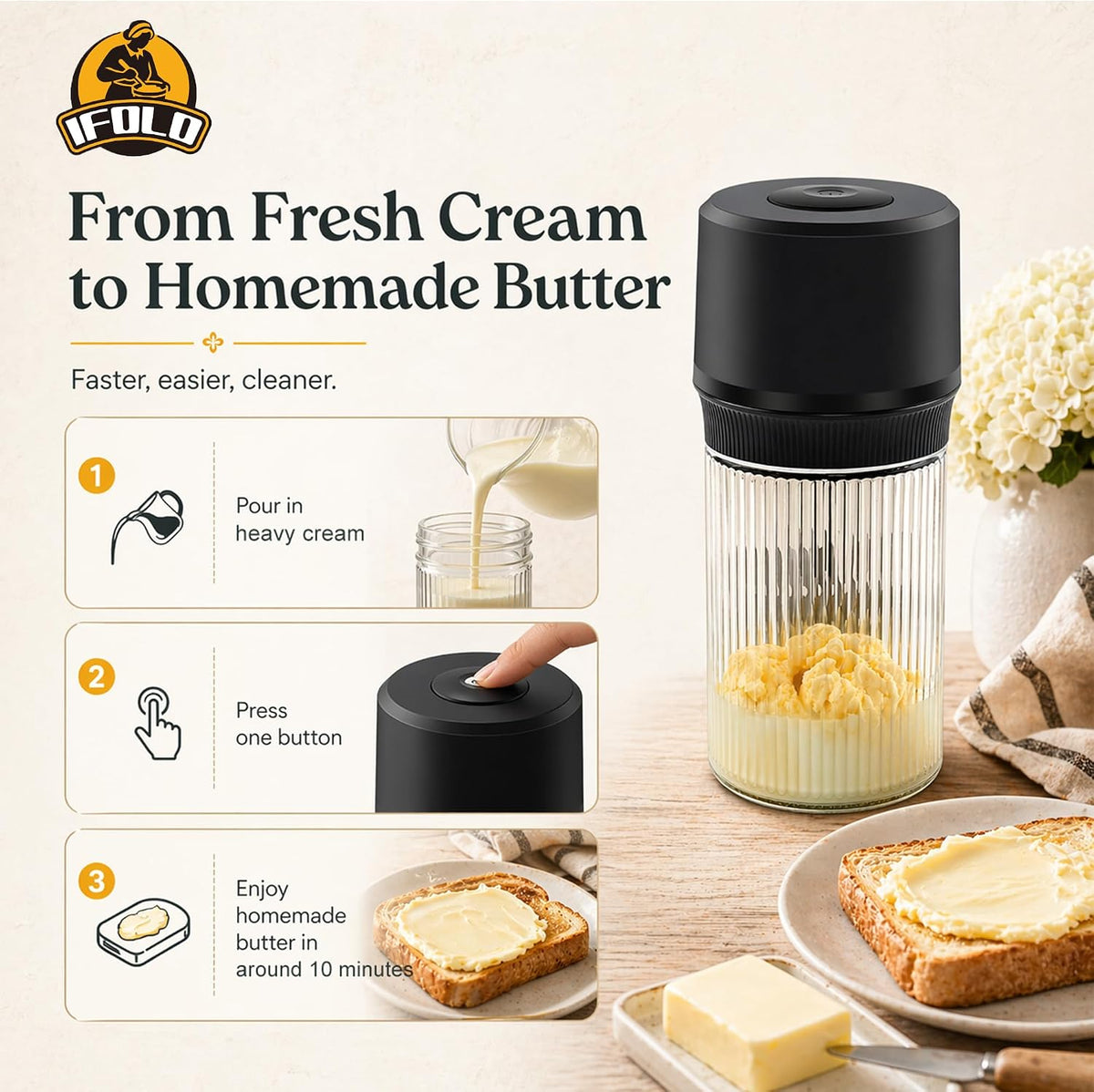 Electric Butter Churner One-Touch Maker 1L Glass Jar — image 2