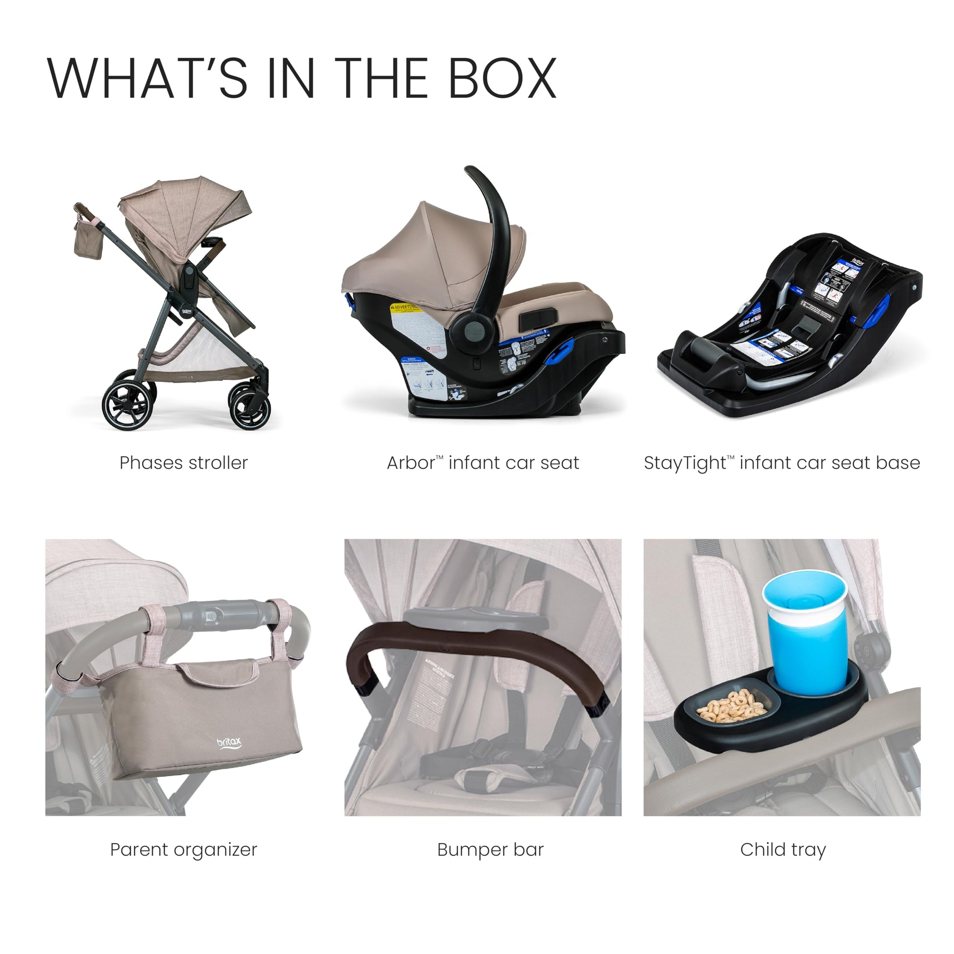 Britax Phases travel system with Arbor infant car seat, StayTight base, stroller in Raven Black, featuring DuoConnect and pramette mode