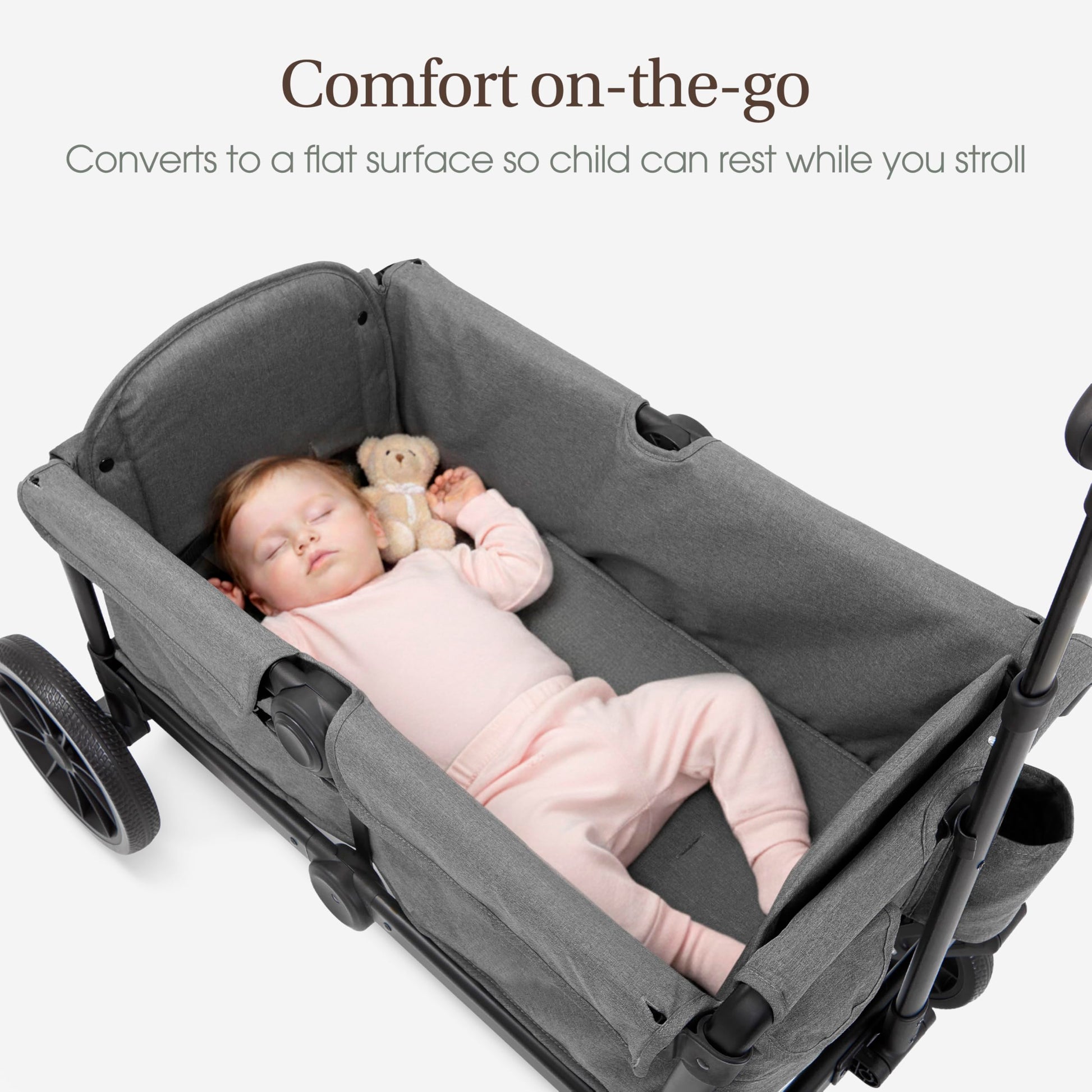 Evolur Trailblazer double stroller in black with all-terrain wheels, foldable design, 5-point harness, removable canopy, and spacious storage.