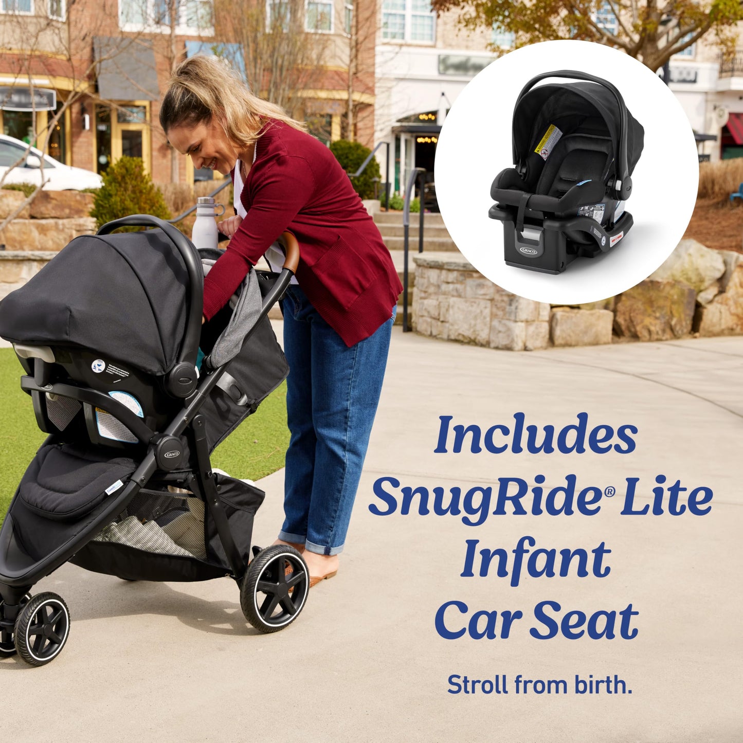Graco Outpace LX all-terrain 3-wheel baby stroller with rubber tires, easy fold, in-seat suspension, and travel system compatibility.
