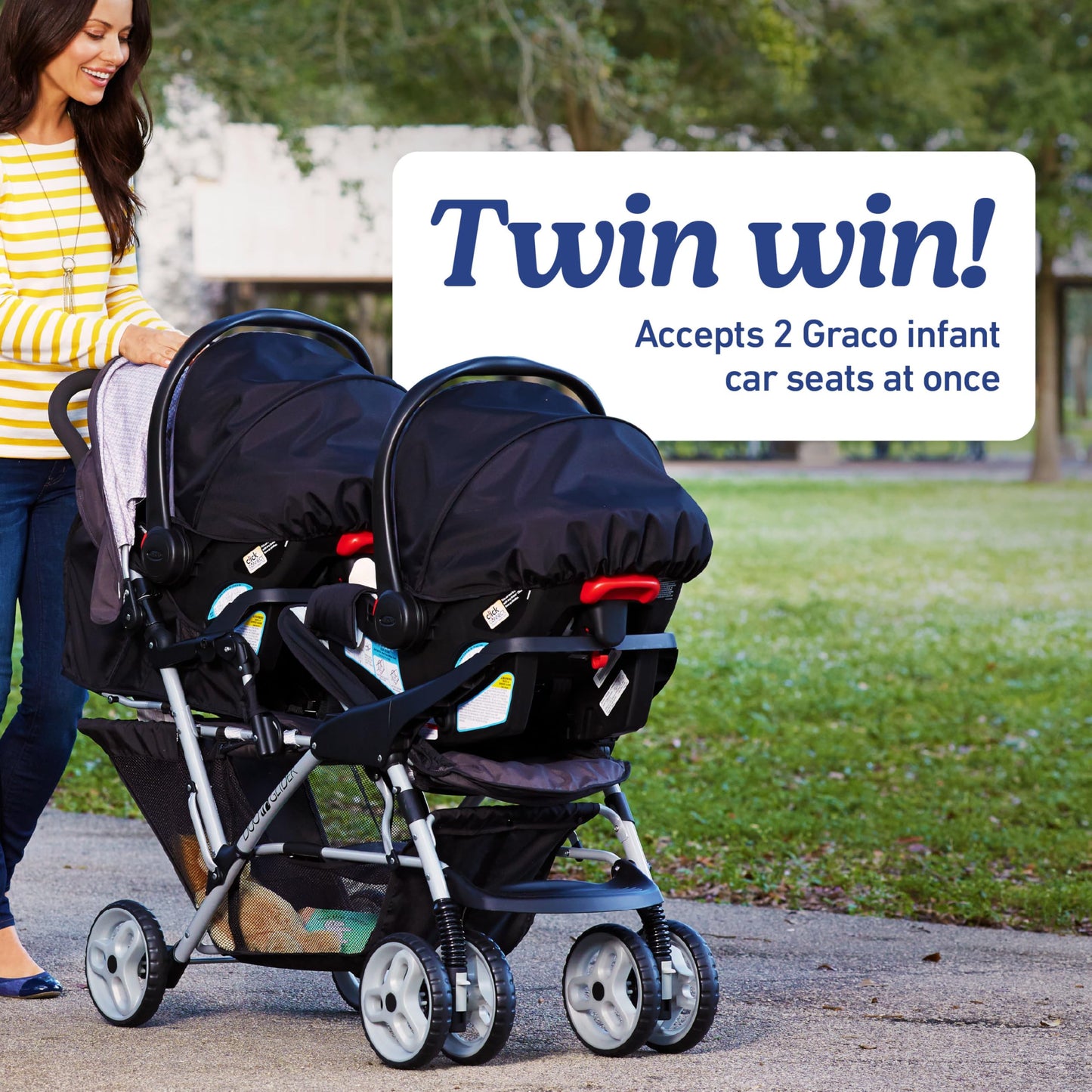 Graco DuoGlider double stroller with tandem seating in glacier color, lightweight design, suitable for two children.