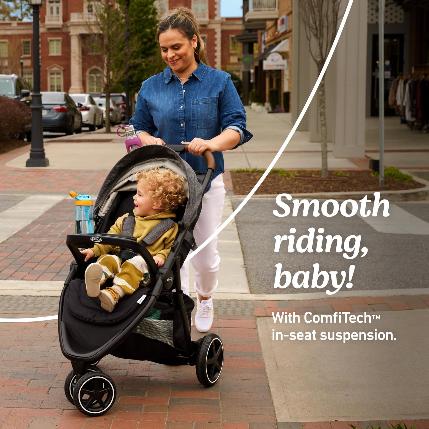 Graco Outpace LX all-terrain 3-wheel baby stroller with rubber tires, one-hand fold, in-seat suspension for smooth ride.