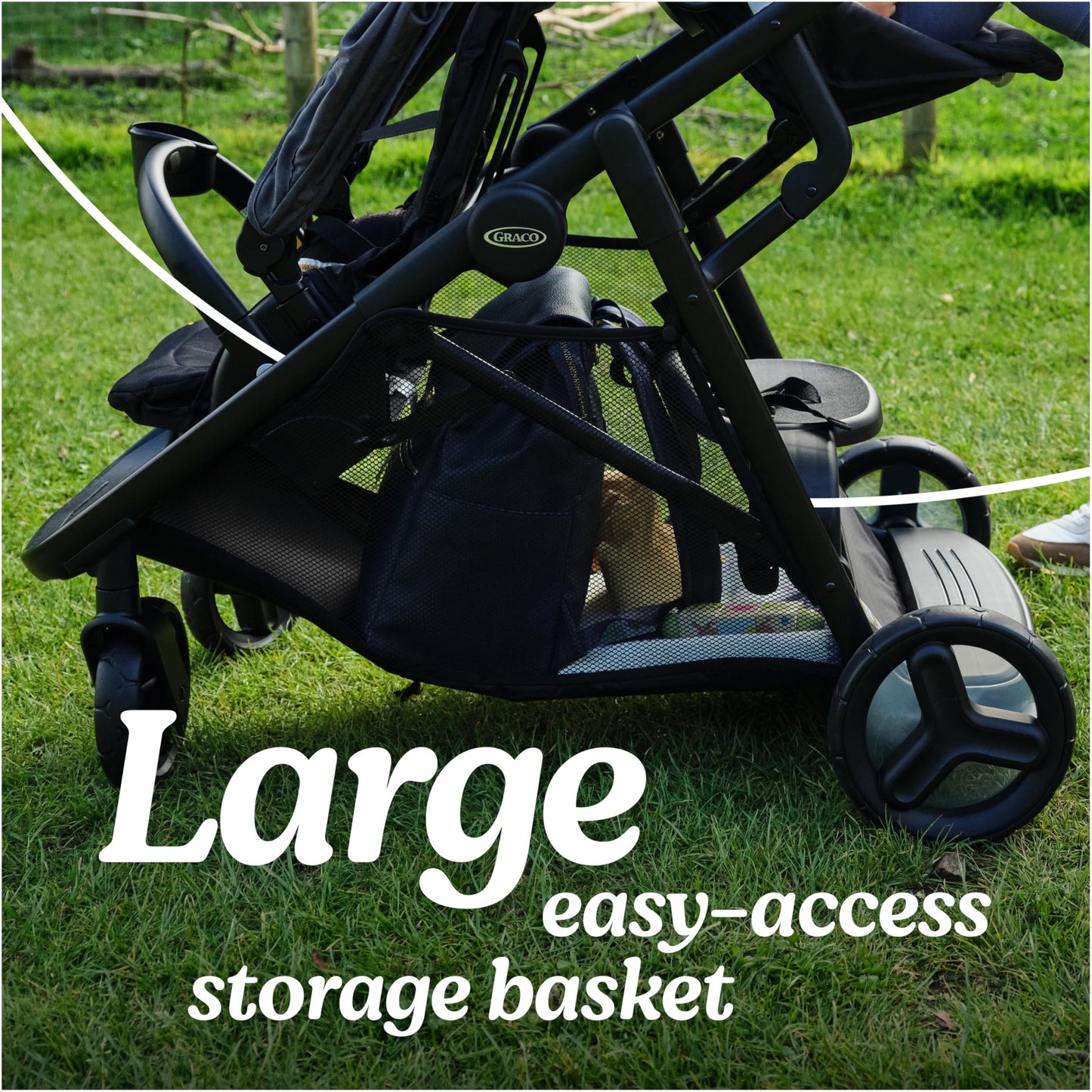 Graco Ready2Grow 2.0 double stroller with bench seat and standing platform, designed for convenience and versatility.