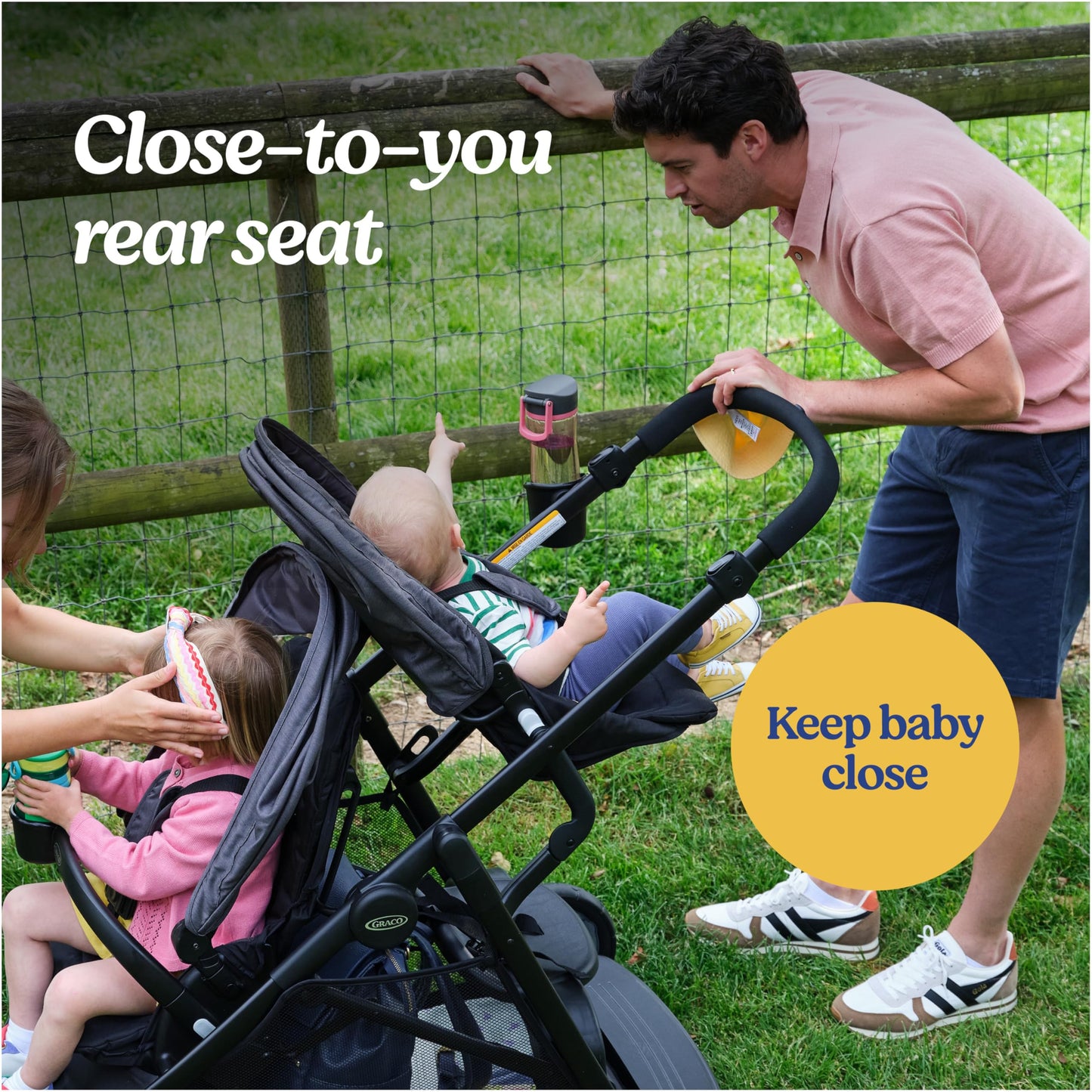 Graco Ready2Grow 2.0 double stroller with bench seat and standing platform, featuring Rafa color and versatile design.