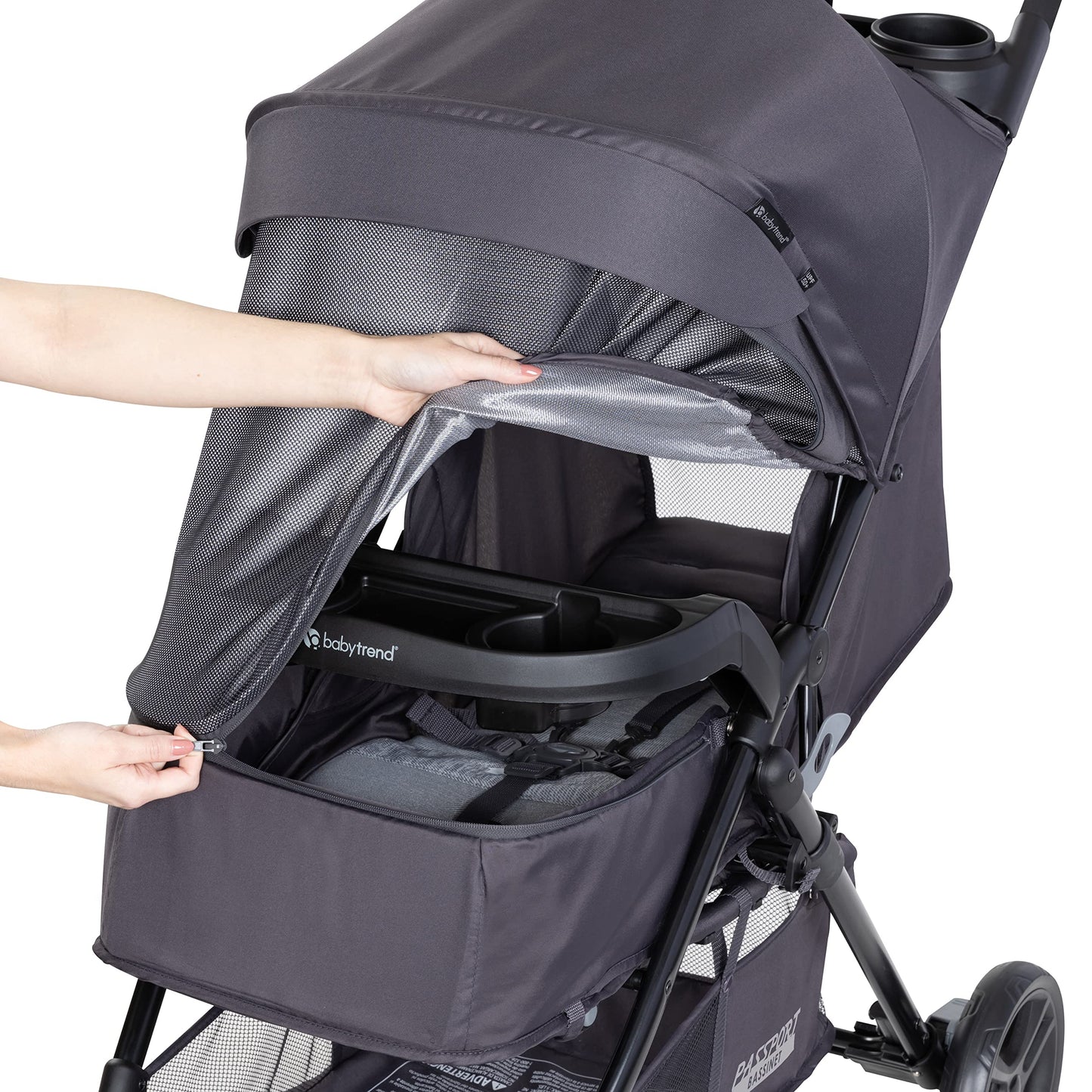 Baby Trend Passport cargo stroller with EZ-Lift infant car seat in pink bamboo, featuring a sturdy frame and comfortable fabric.