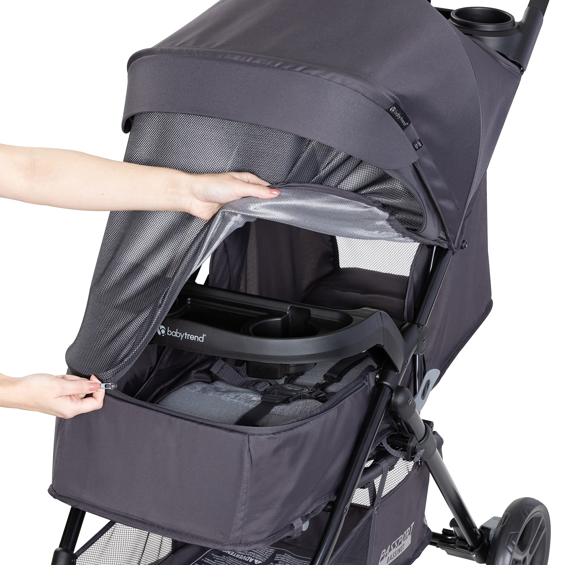 Baby Trend Passport cargo stroller with EZ-Lift infant car seat in pink bamboo, featuring a sturdy frame and comfortable fabric.