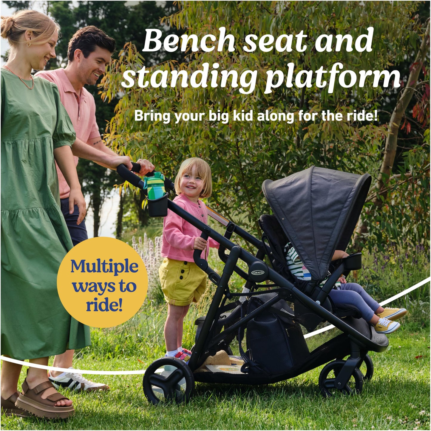 Graco Ready2Grow 2.0 double stroller with bench seat and standing platform, featuring Rafa design, suitable for two children.