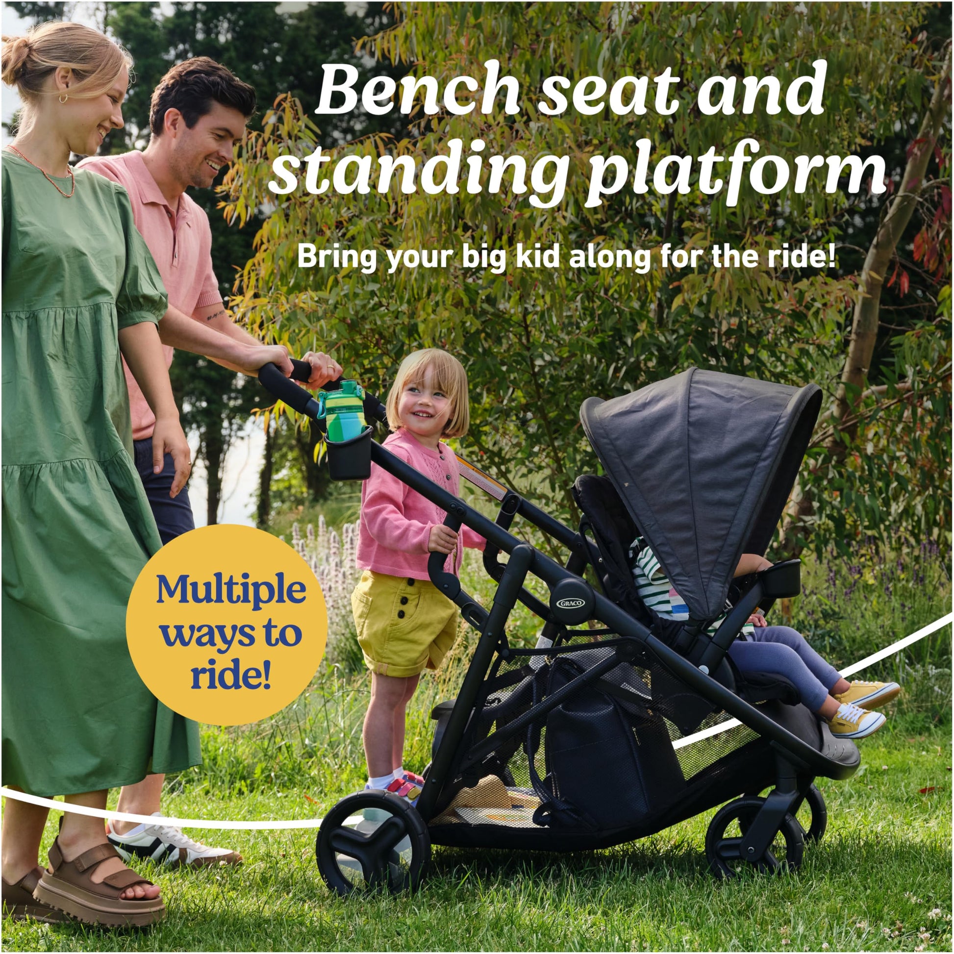 Graco Ready2Grow 2.0 double stroller with bench seat and standing platform, featuring Rafa design, suitable for two children.
