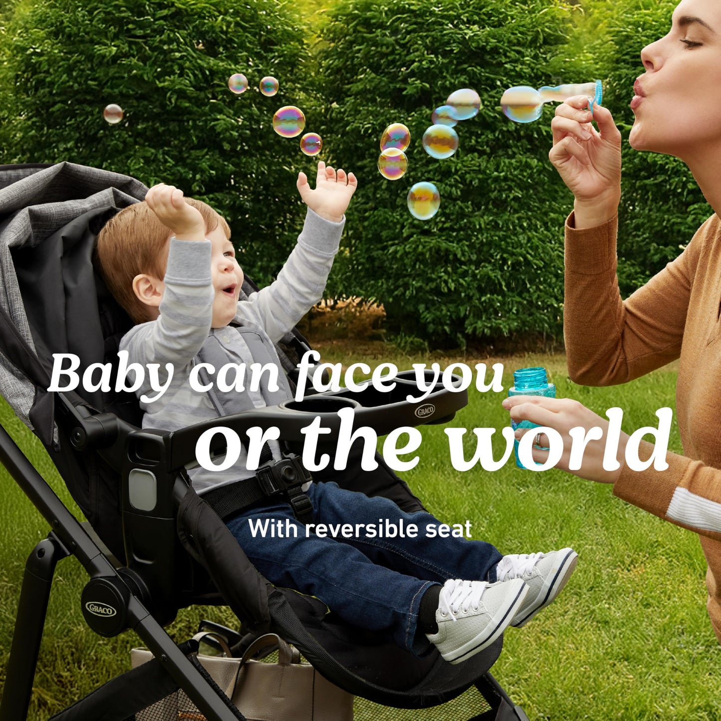 Gray Graco Modes Element travel system with stroller and car seat, featuring adjustable canopy and storage basket.