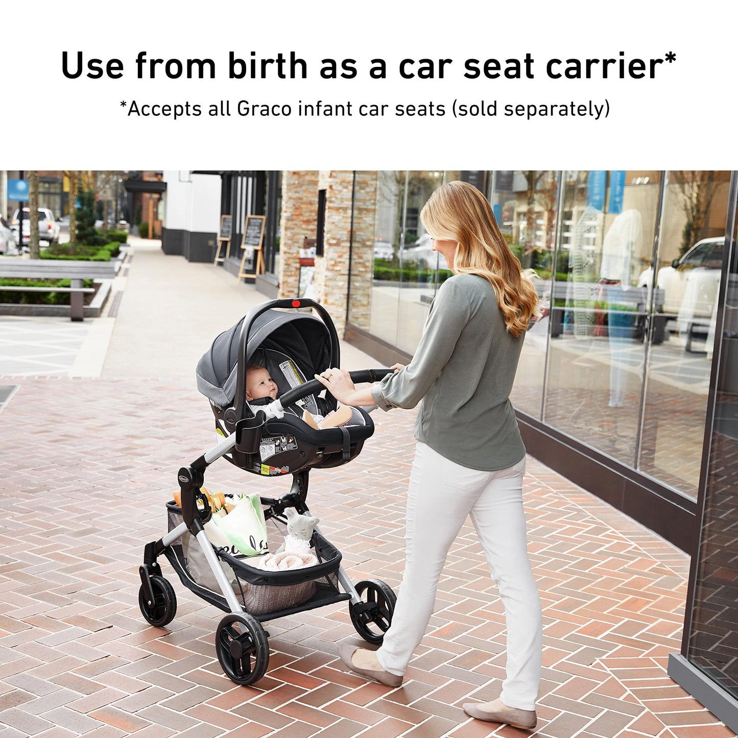 Graco Modes Nest travel system with SnugRide DLX infant car seat and adjustable stroller, featuring modular car seat and toddler stroller.