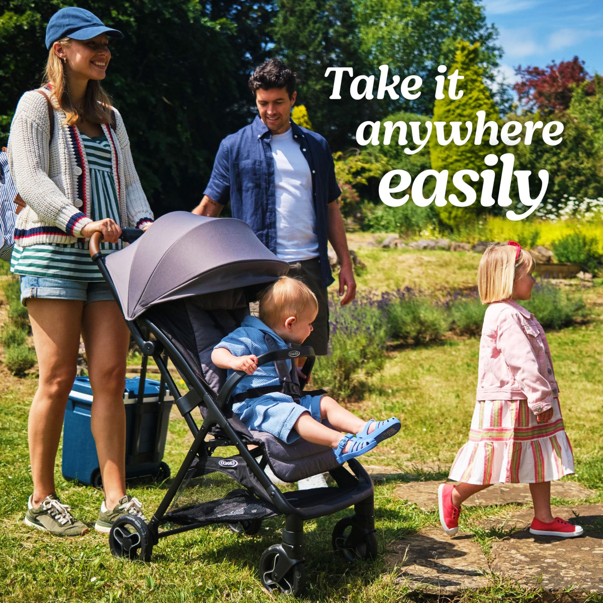 Graco Ready2Jet compact travel stroller with automatic fold, overhead friendly design, lightweight and easy to maneuver.