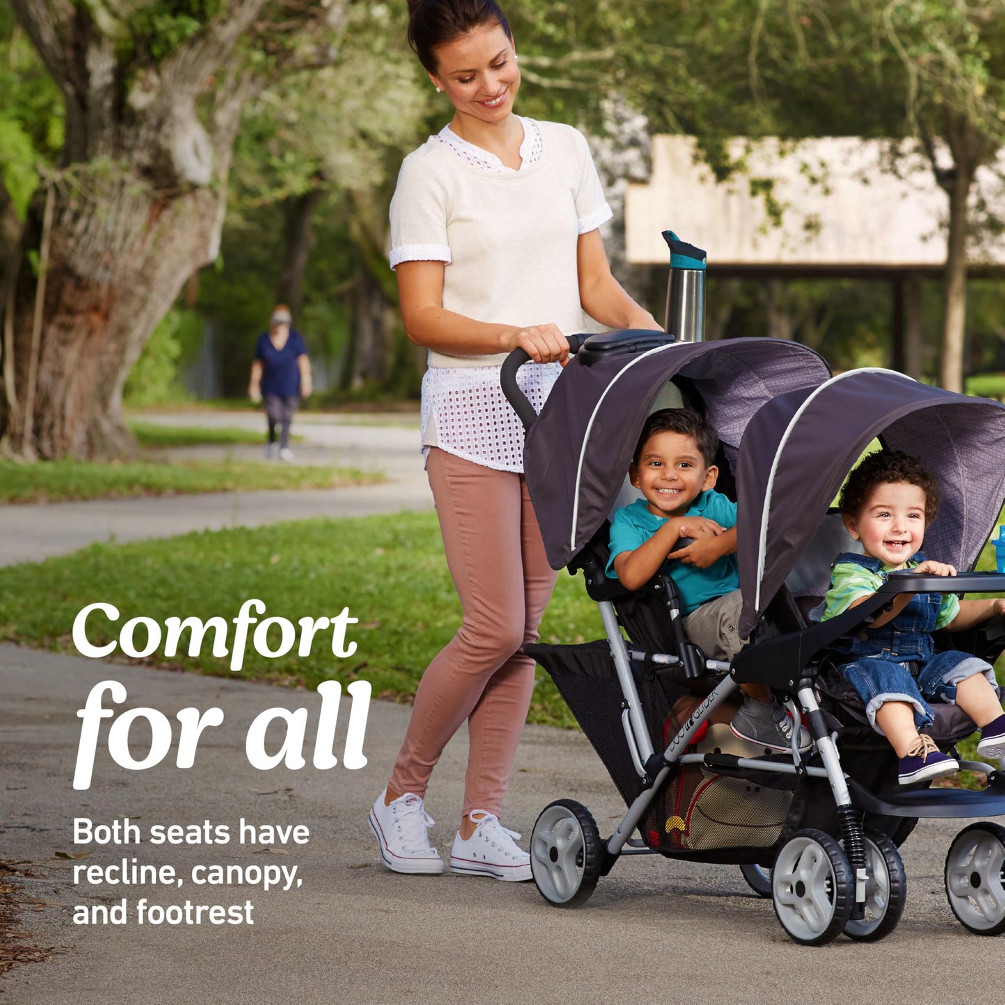 Graco DuoGlider double stroller with tandem seating in glacier, lightweight design, suitable for two children, side-by-side seating
