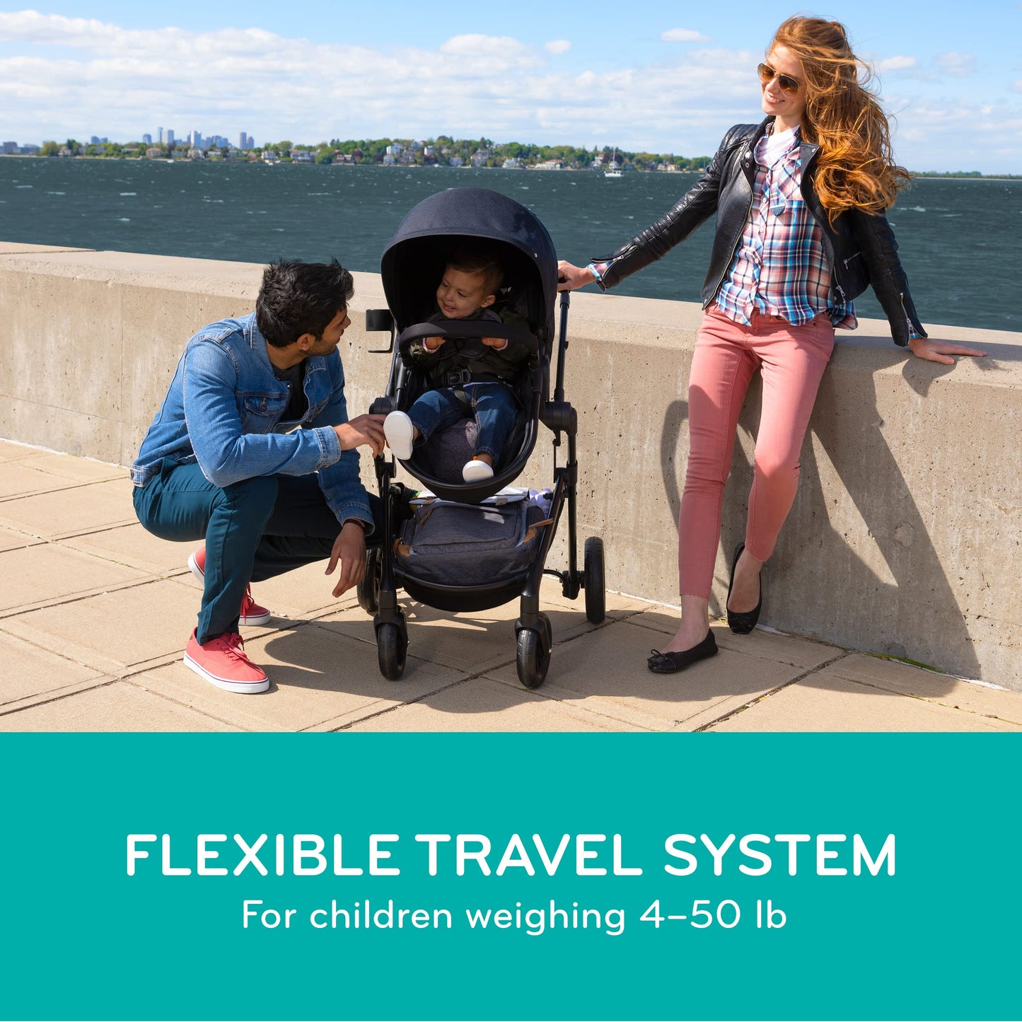 Evenflo Pivot Modular Travel System with SafeMax Car Seat, stroller with adjustable seat and storage basket.