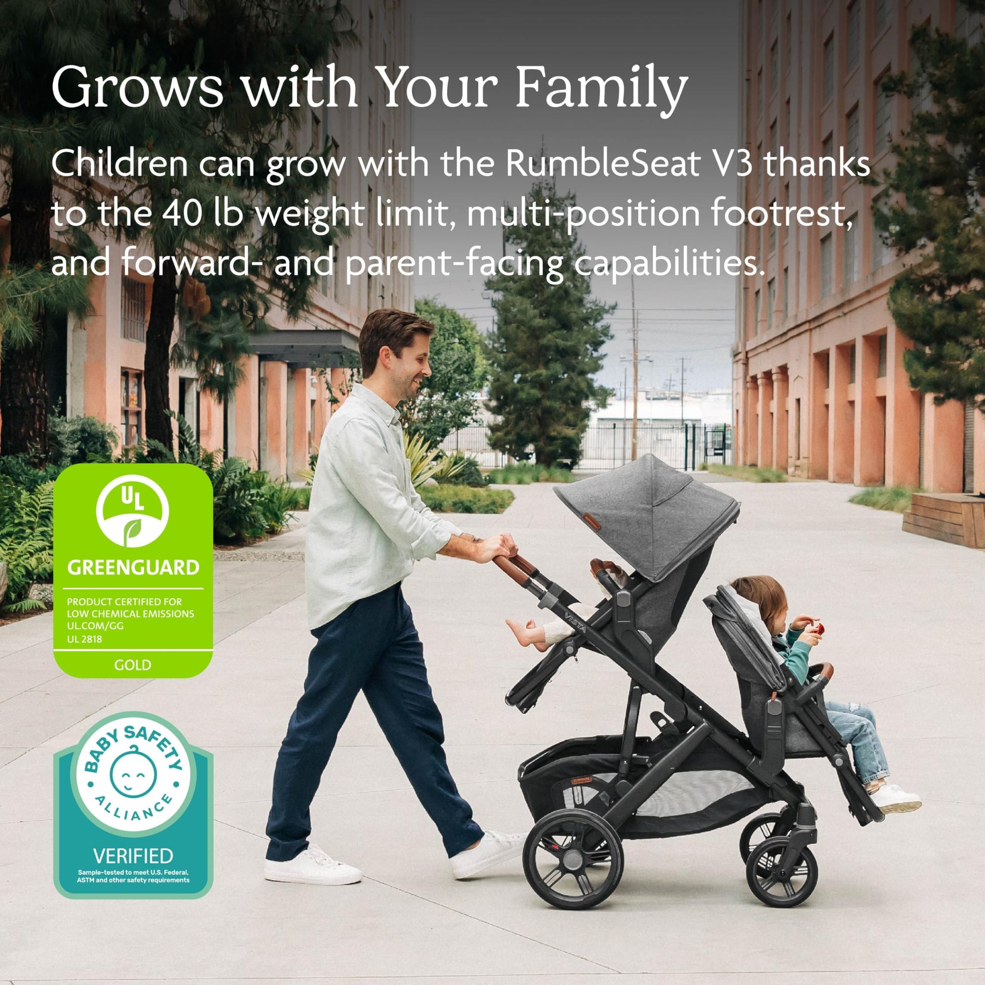 UPPAbaby RumbleSeat V3 all-weather second seat with magnetic buckle, compatible with Vista V2/V3, in Declan Oat Mélange with silver frame.