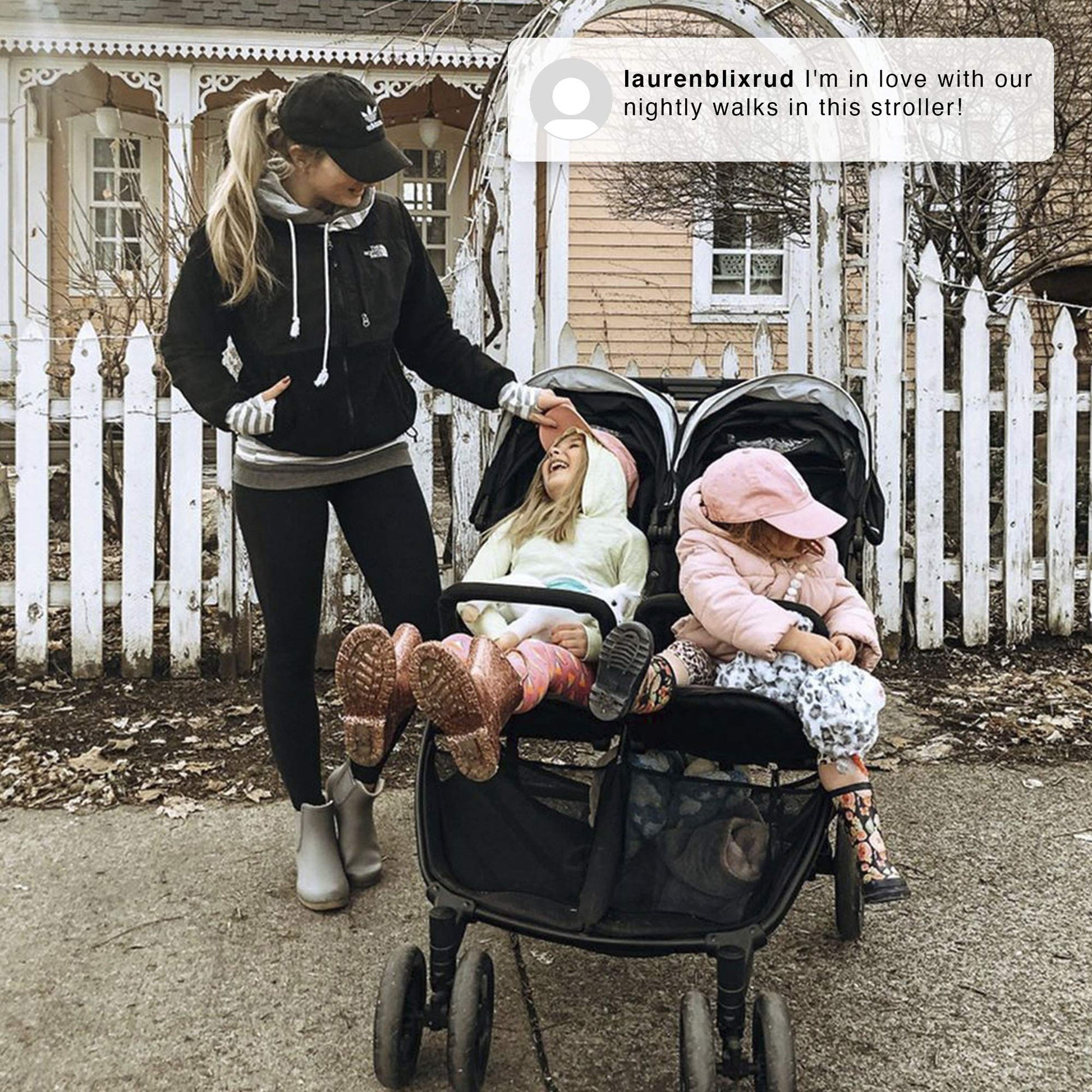 Jeep Destination Ultralight Side-by-Side Double Stroller in Midnight with two seats and adjustable canopies, lightweight and sturdy.